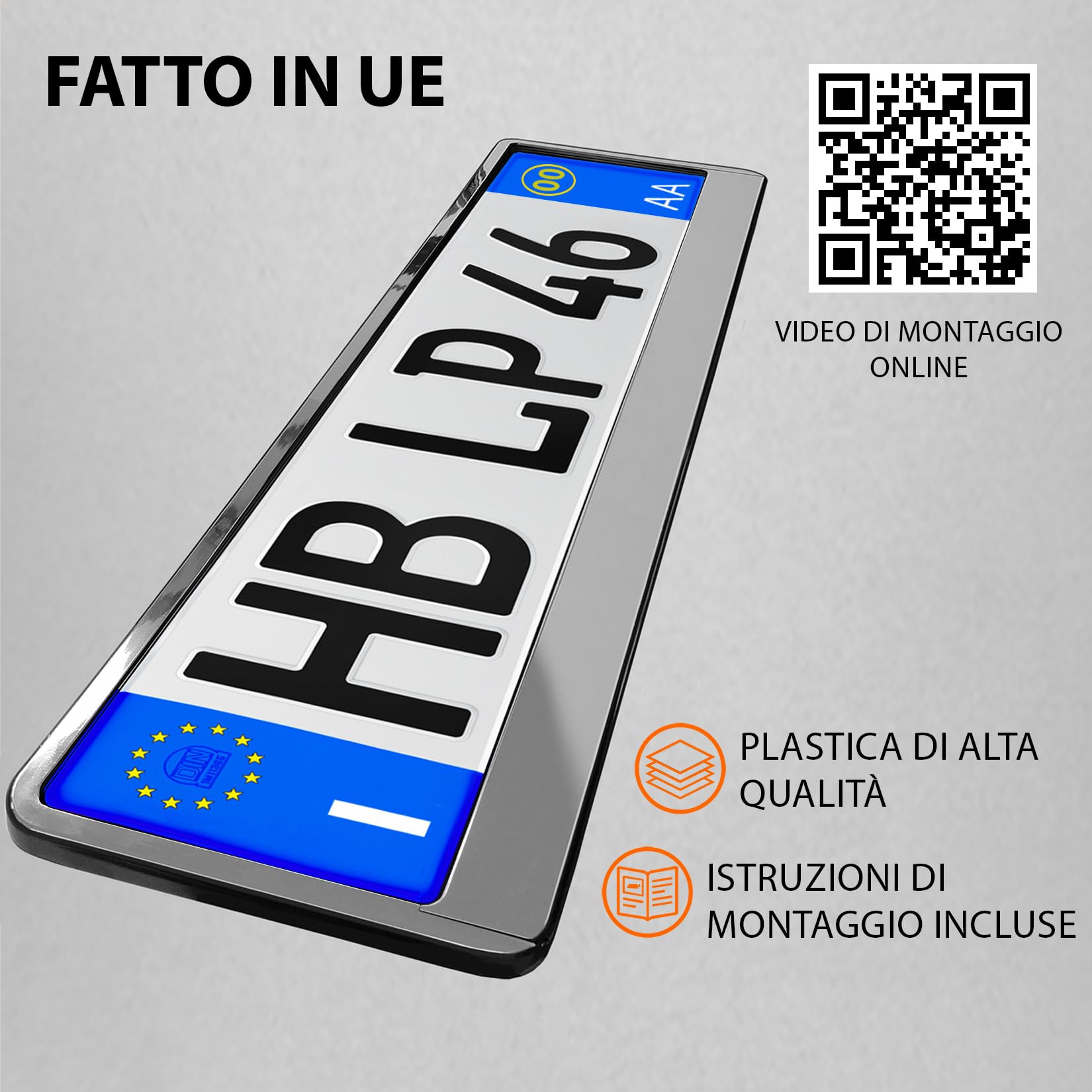 Portatarga Auto - Supporto Targa - [semplice, durevole e sicuro] - 8 viti - 520x110 mm - Cromo effetto - Porta Targa - adatto a qualsiasi auto - per targhe italiane omologate - Fissaggio per Targa