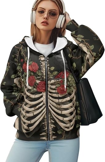 WELLFLYHOM Graphic Sweatshirt Y2K Zip Up Hoodies for Women Oversize Cardigan Long Sleeve Fall Outfits with Pocket