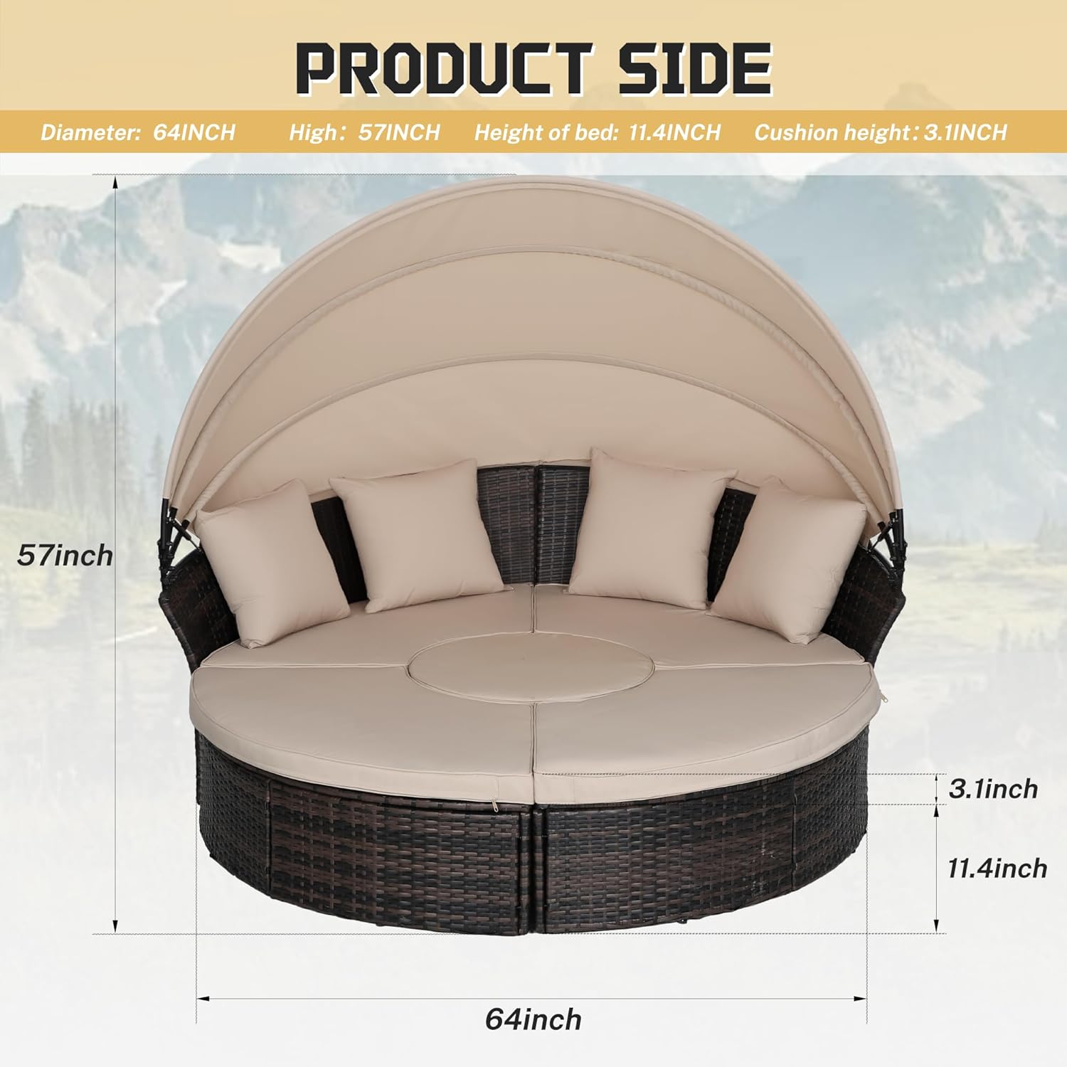 Incbruce Patio Round Daybed with Retractable Canopy, Black Wicker Rattan Sectional Sofa Furniture Set with Separated Cushion Seats for Patio, Porch and Backyard (Brown)