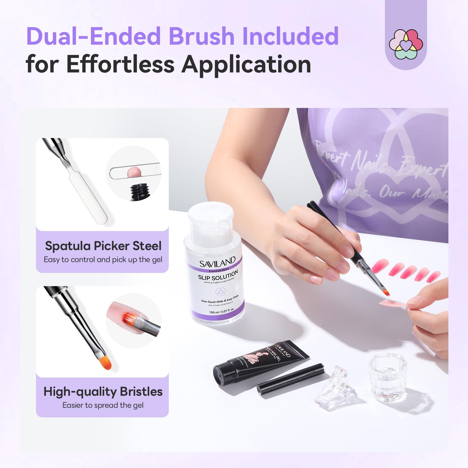 SAVILAND 150 ml Poly Gel Slip Solution: Gleitlösung mit Nur Einem Klick Einfach Anzuwendendes Poly Nagelgel Set Antihaft-Flüssigkeit mit Doppelseitigem Nagelpinsel für Nagelverlängerungen für Anfänger