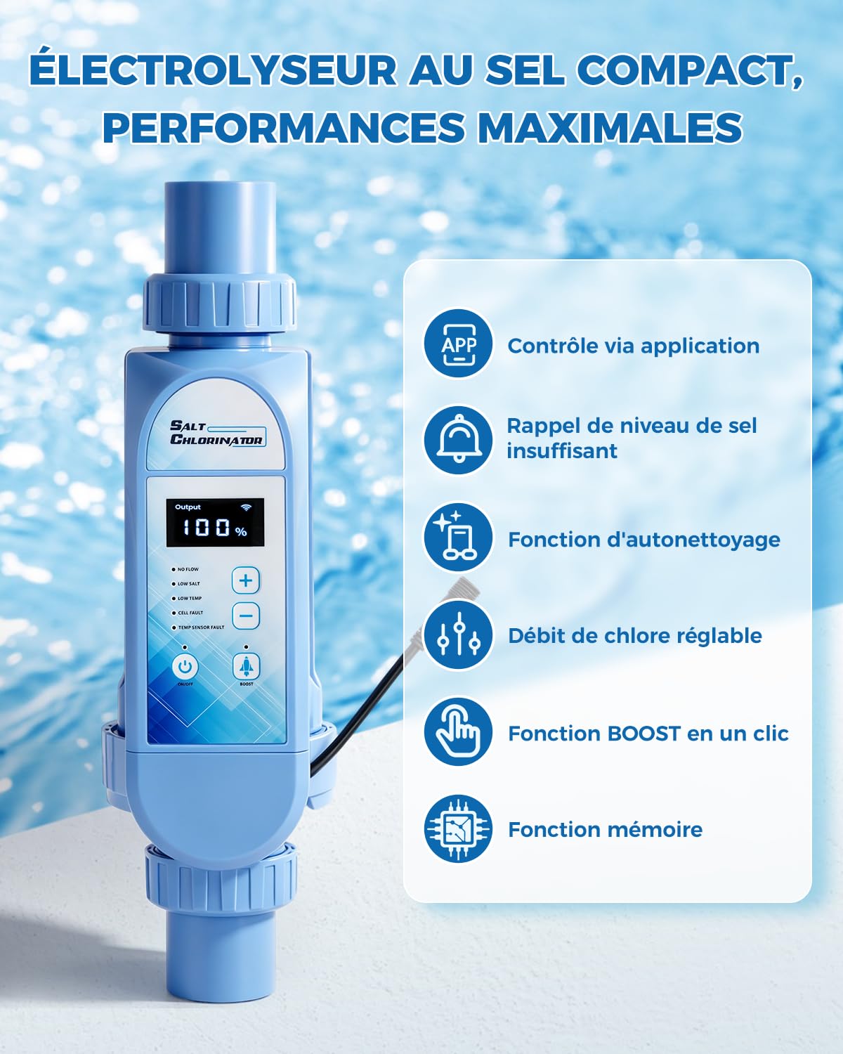 YUCHENGTECH Électrolyseur Piscine au Sel 50 m³ pour Piscines Enterrées | Chlorateur de Sel de Piscine 12 g/h Avec Cellule en Titane, Panneau de Commande à LED et Fonction D'autonettoyage