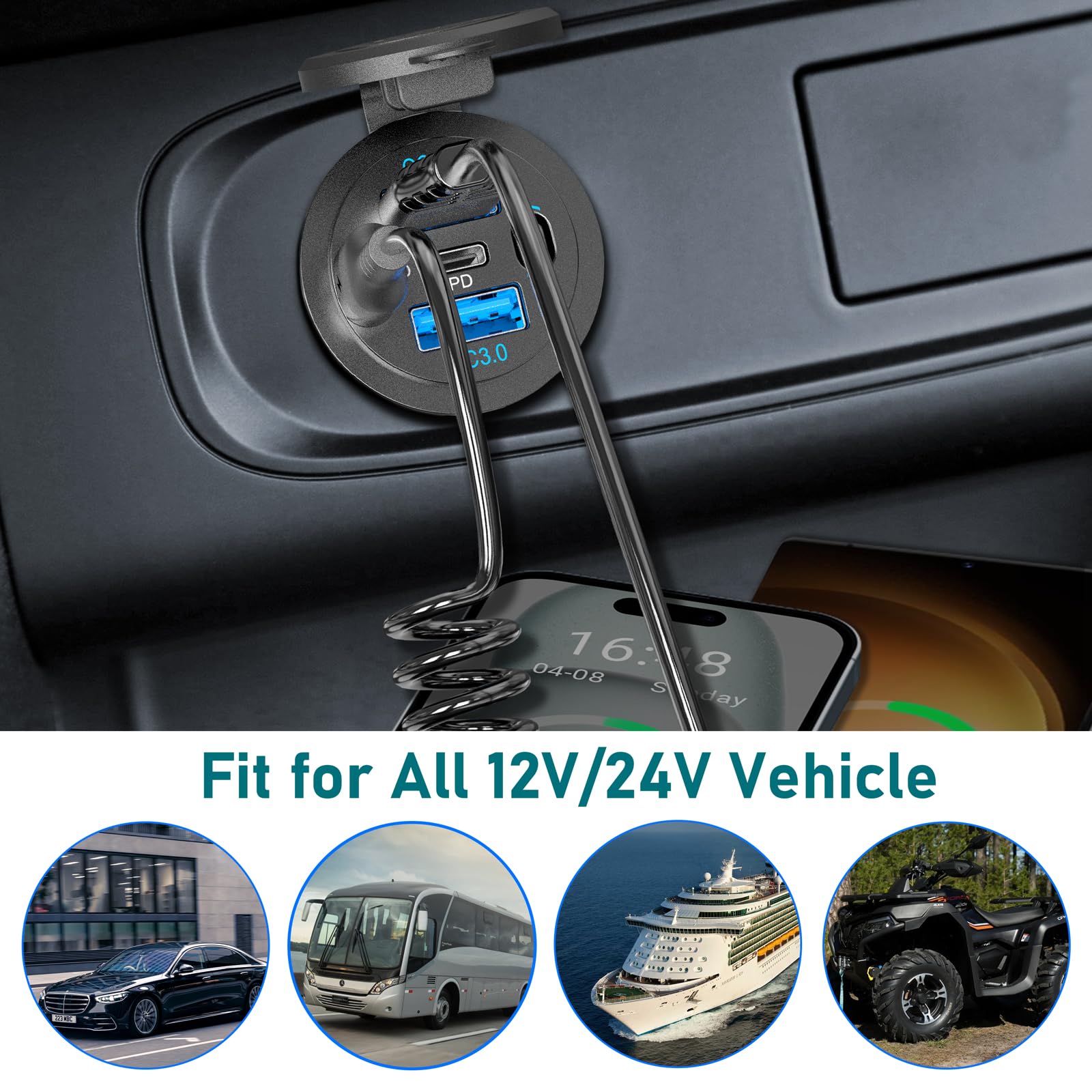 Prese USB C 12V 90W 4 Porte, Doppia PD 36W e Doppia QC 18W USB Caricabatteria 12 Volt per Auto Adattatore Accendisigari Impermeabile con Interruttore e Cavo da C a C per Barca,Autobus,Camion,Golf,Moto