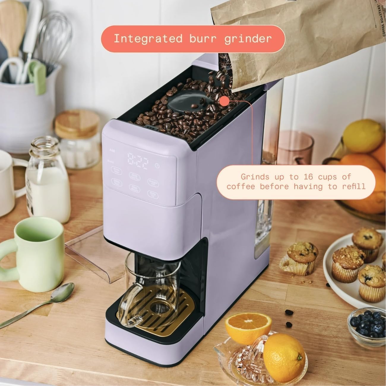 Single Serve Coffee Maker with Built-In Grinder, Programmable Coffee Machine for One Cup, Brew from Whole Beans or Ground Coffee, Automatic Compact Coffee Maker for Home & Office (Lavender)