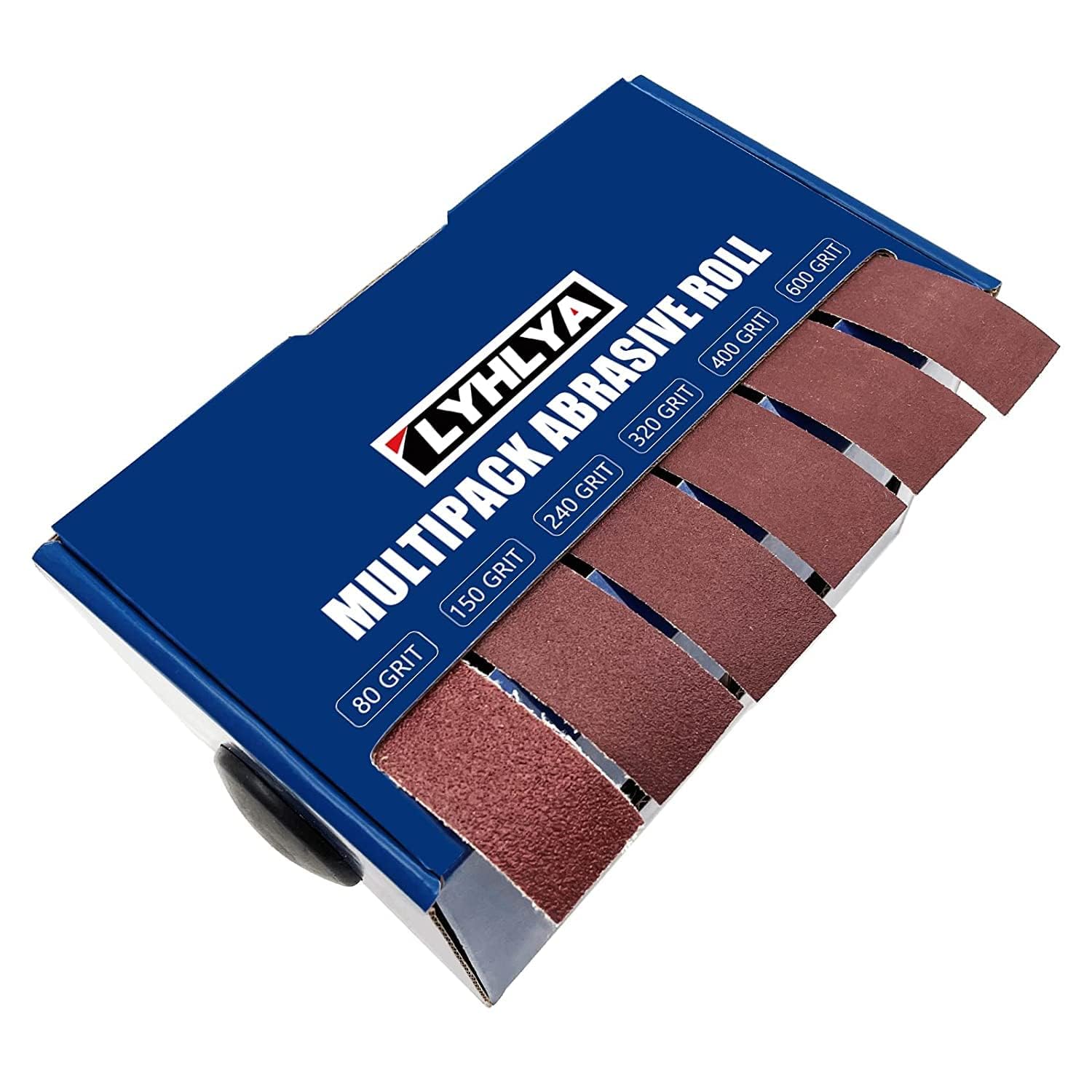 Lot de 6 rouleaux de papier abrasif de 2,5 cm x 8 m avec distributeur de papier émeri pour meubles en bois, finition du métal, ponçage automobile, polissage automobile, 80/150/240/320/400/600