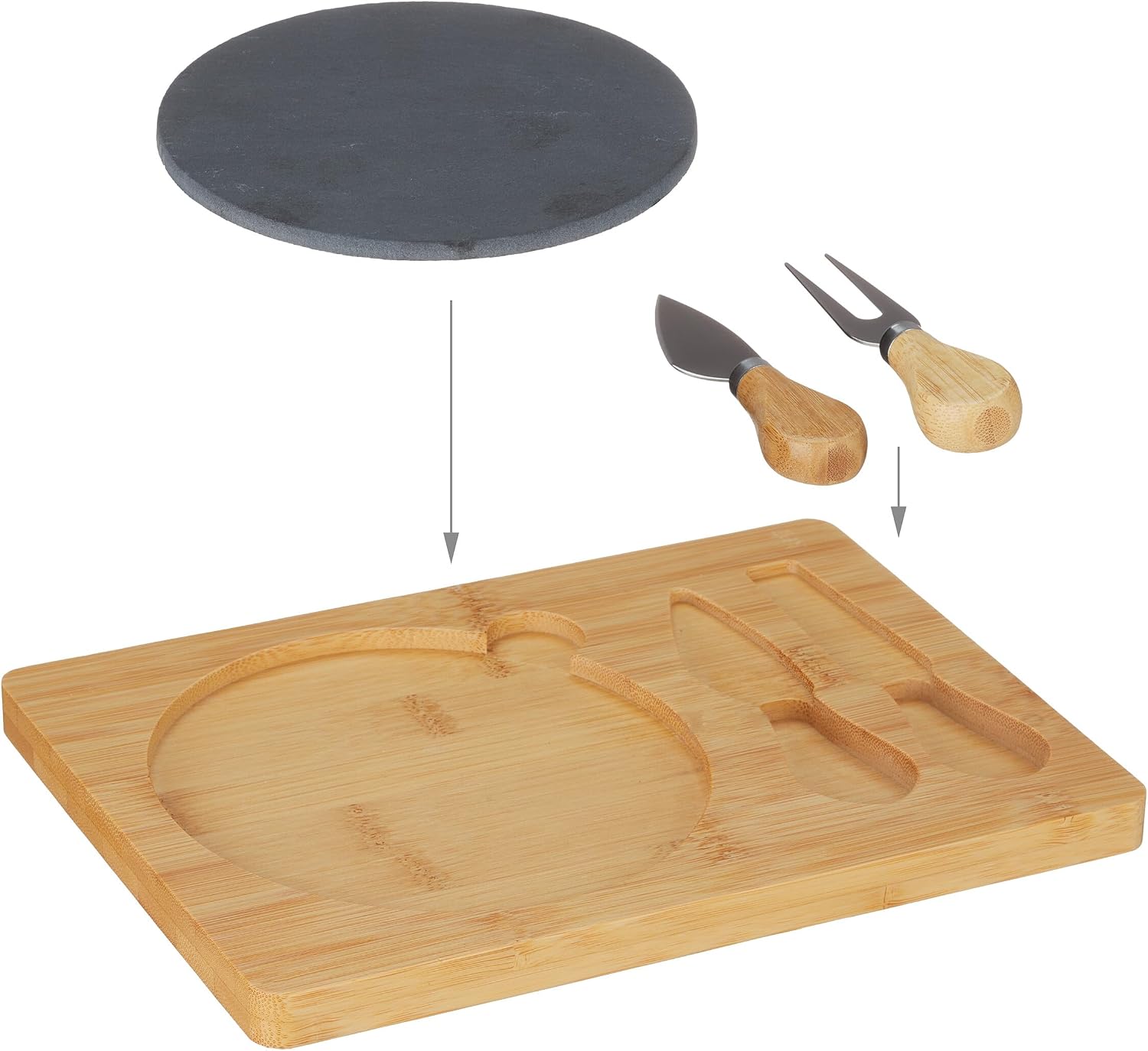 Relaxdays Cheese board with cheese knife set, (H x W x D): 1.5 x 25 x 17 cm, bamboo cheese plate with slate and cheese cutlery, natural/black
