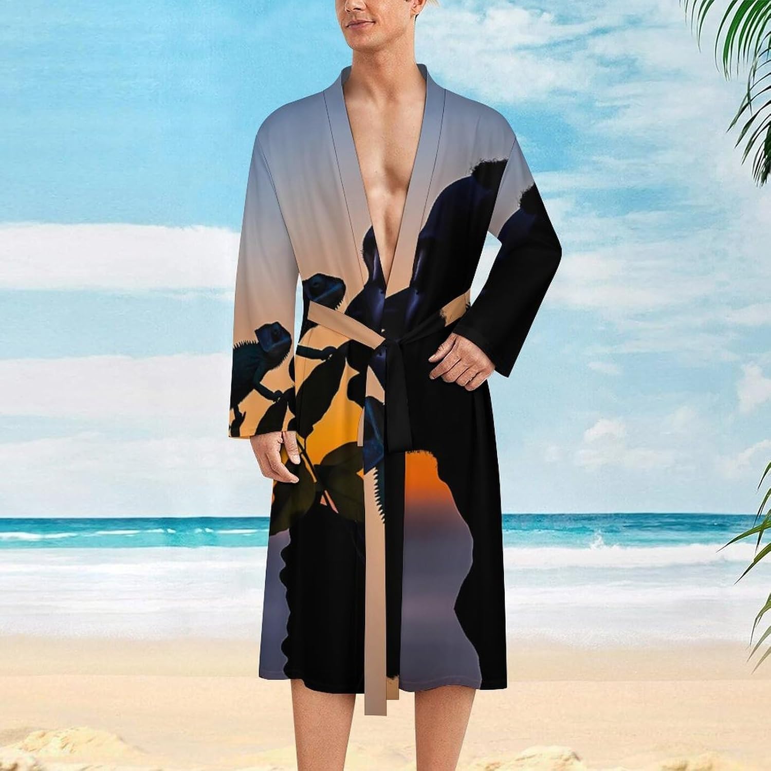 Chameleon Men Sunset Funny Mens Robe Long Bathrobe for Women Bath Robes Lightweight Soft Printed Sleepwear