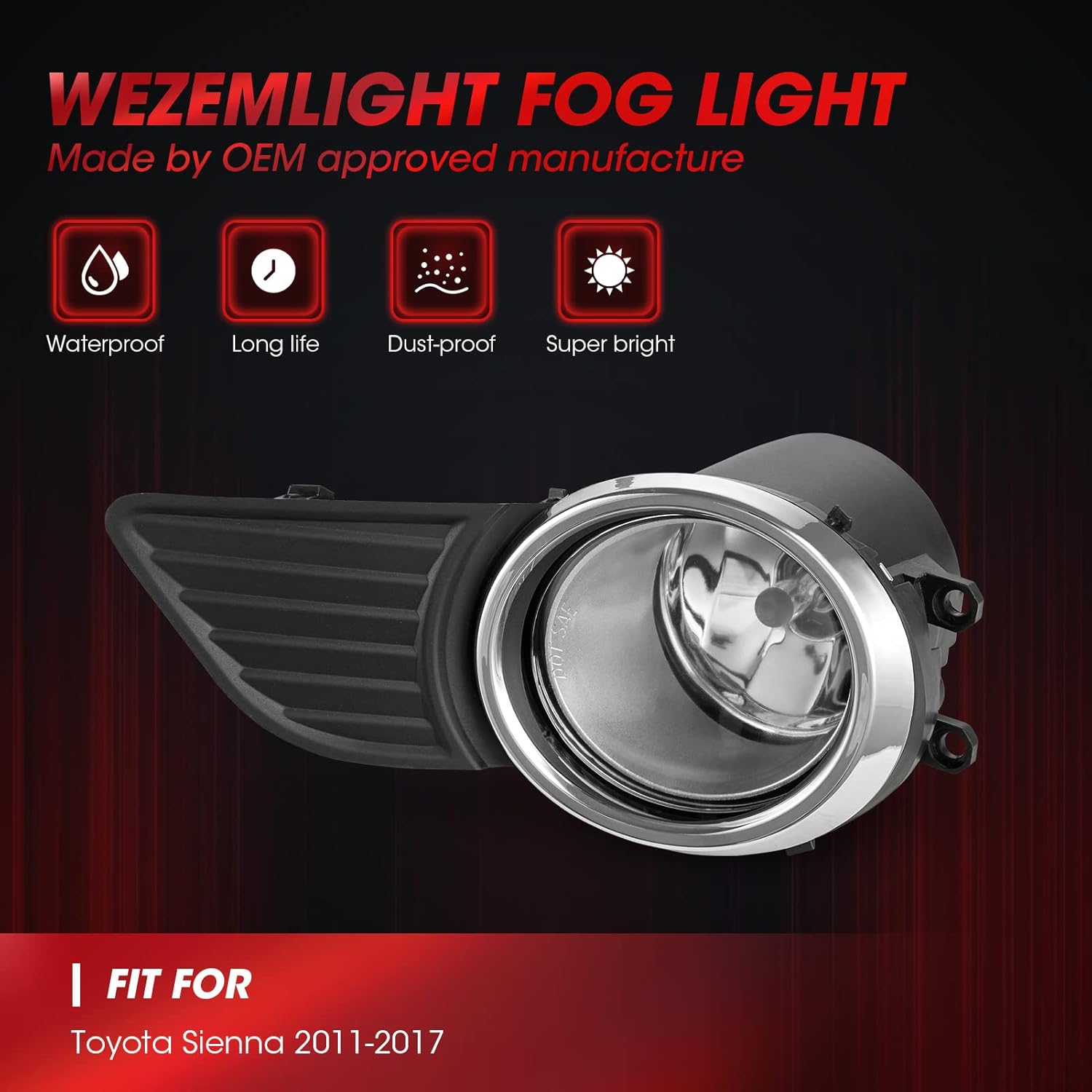 Driving Fog Light Assembly For 2011-2017 Toyota Sienna(Base | LE | XLE, Not Fit SE Models) With Chrome Bezel Halogen Bulbs Included Switch And Wiring Kit