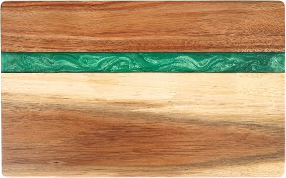 Acacia Wood Cutting Board with Resin Wave Design - Versatile Kitchen 13x8.5 Inches Chopping Board for Meat, Vegetables, Fruits, Cheese & Charcuterie, Elegant Serving Tray Green