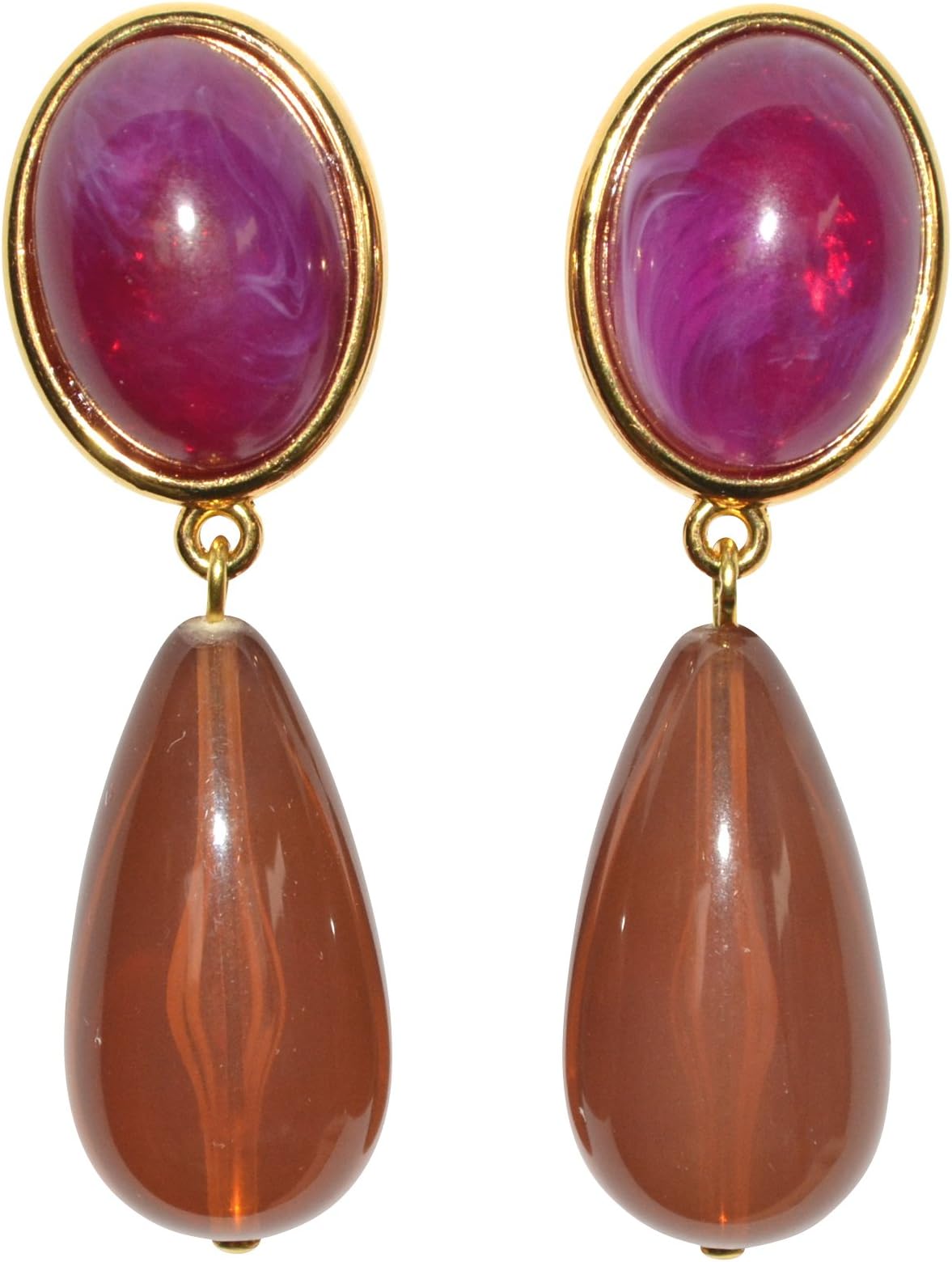 Very Pompous Gold Plated Clip Earrings with a Amethistfarbenen Stone and a Tear Drop Shaped Amber Pendant
