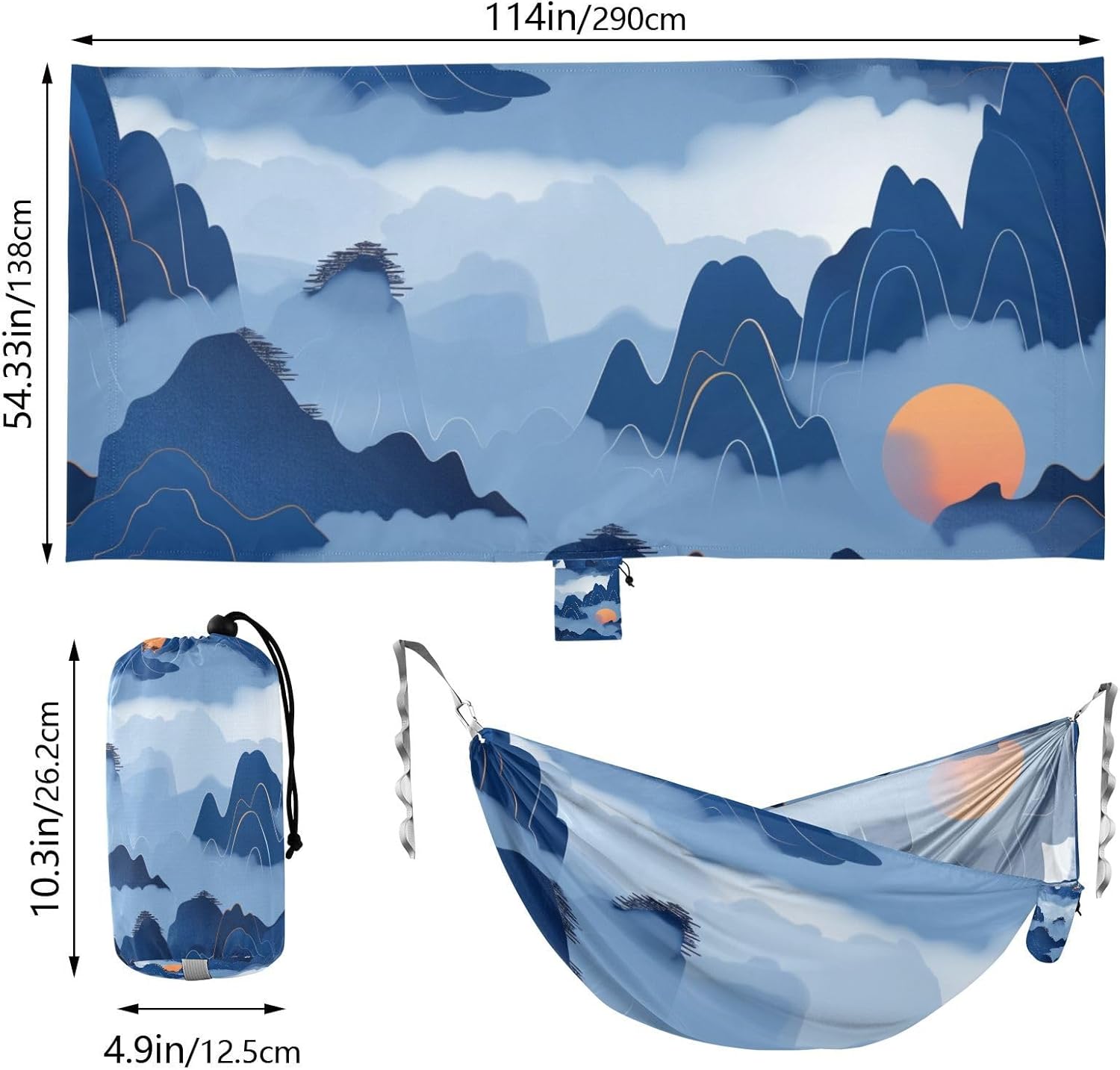 Chinese Pattern Mountain Blue Outdoor Hammocks Fabric Hammock for Camping Travel Accessories