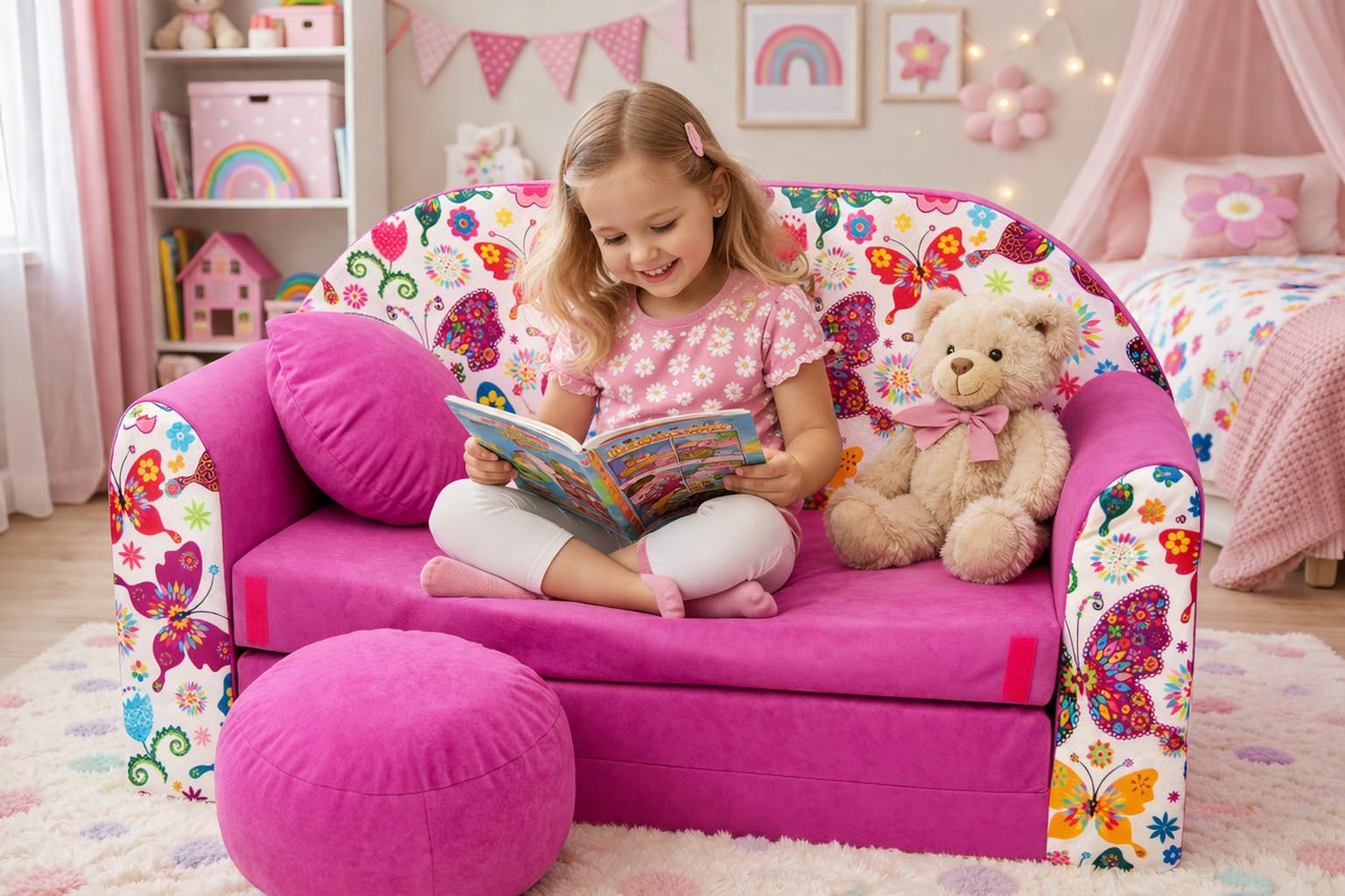 Divano letto pieghevole per bambini con funzione letto Perfetto per giocare e dormire - Con materasso, cuscino e pouf sfoderabili - 98x168x59 cm- M33 Rosa - Farfalle