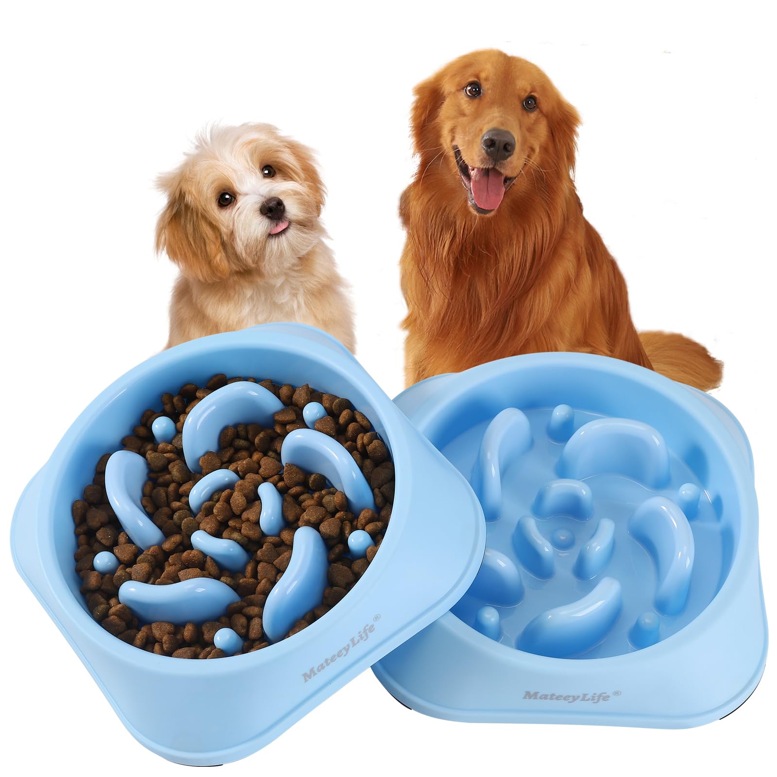 MateeyLifeSlow Feeder Dog Bowls 2PCS, Anti-Choking Puzzle Dog Food Bowls, Anti-Slip Interactive Dog Feeding Bowls Slow Down Eating, Bloat Stop Maze Dog Dishes for All Breeds Pets LightBlue