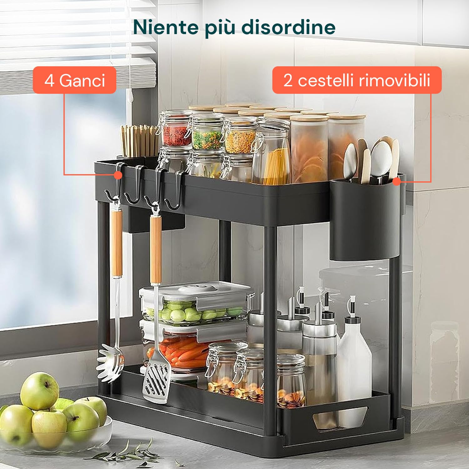 Avilia - Organizer Sottolavello Cucina a 2 Ripiani con Cestelli e Ganci per Ottimizzare Spazio in Bagno e Cucina, Facile da Montare, Ideale per Detergenti e Accessori di Uso Quotidiano