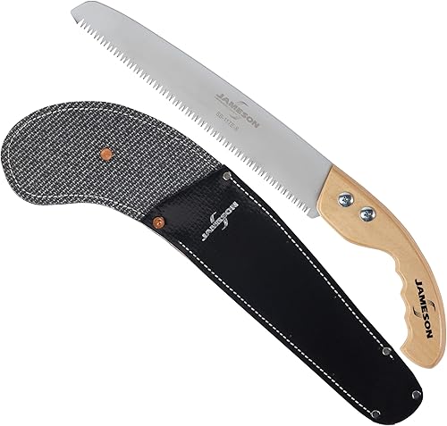 Jameson HS-11TE-SWB Sierra de mano de hoja recta de 11 pulgadas con mango de madera y vaina de cinturón