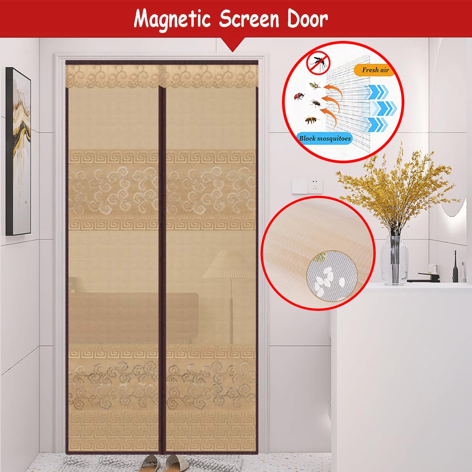 Mosquitera Puerta Magnetica 150x210, Cierre Automático Cortinas Exterior Terraza Mosquitera Fácil de Instalar sin Taladrar Marrón Mosquiteras Magneticas para Puertas,130x220cm(W x H)