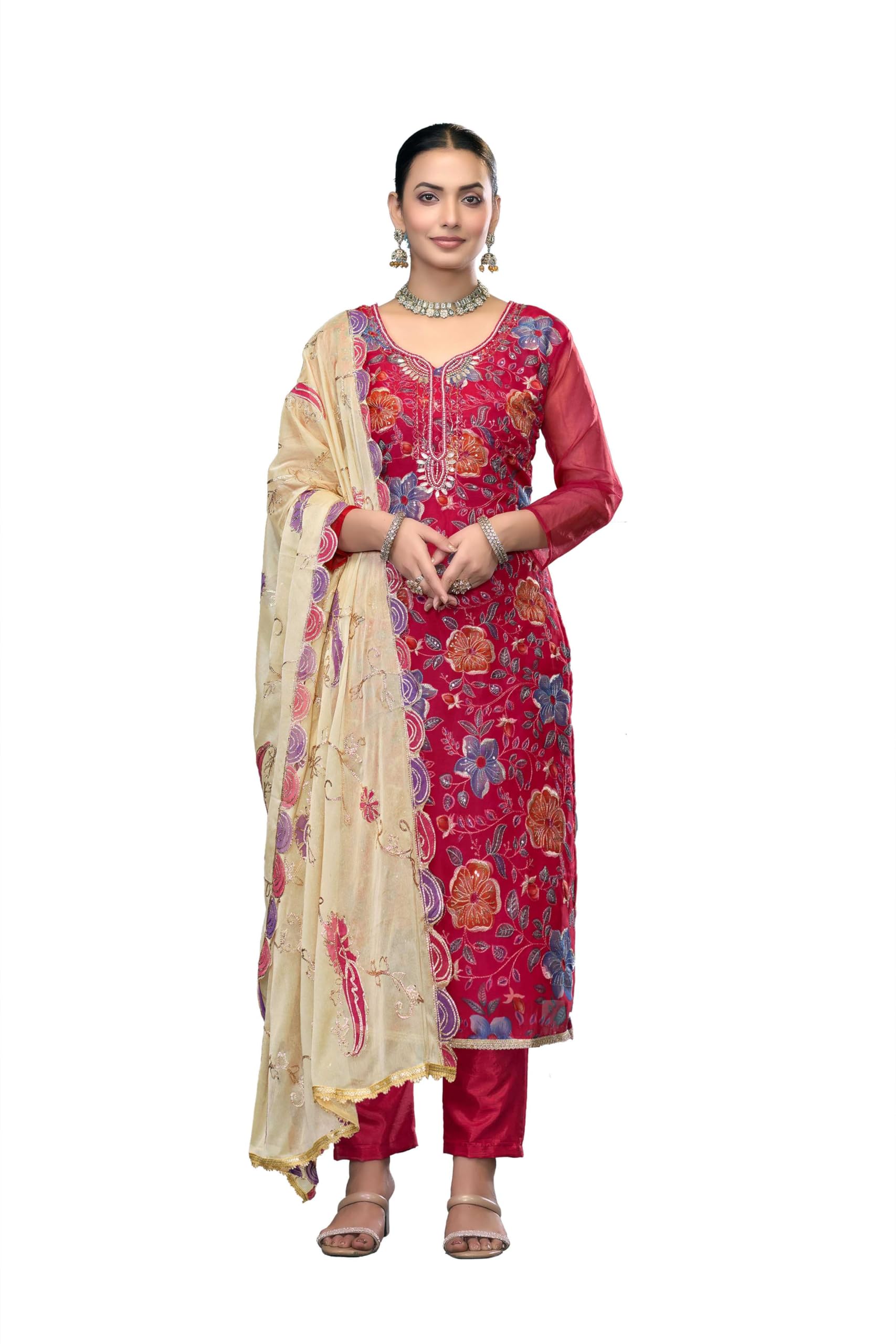 Pink Viscose Organja Sequence Dress Material With Dupatta-image-20