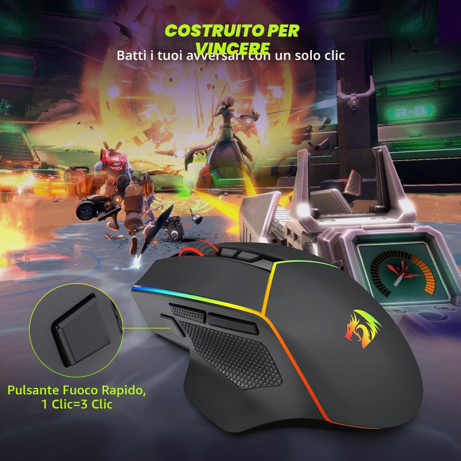 Redragon Mouse da gioco senza fili, 2,4 G/USB-C/Bluetooth, mouse ergonomico, 8000 DPI, RGB Back-Light, completamente programmabile, mouse wireless ricaricabile per computer portatile PC Mac, M814