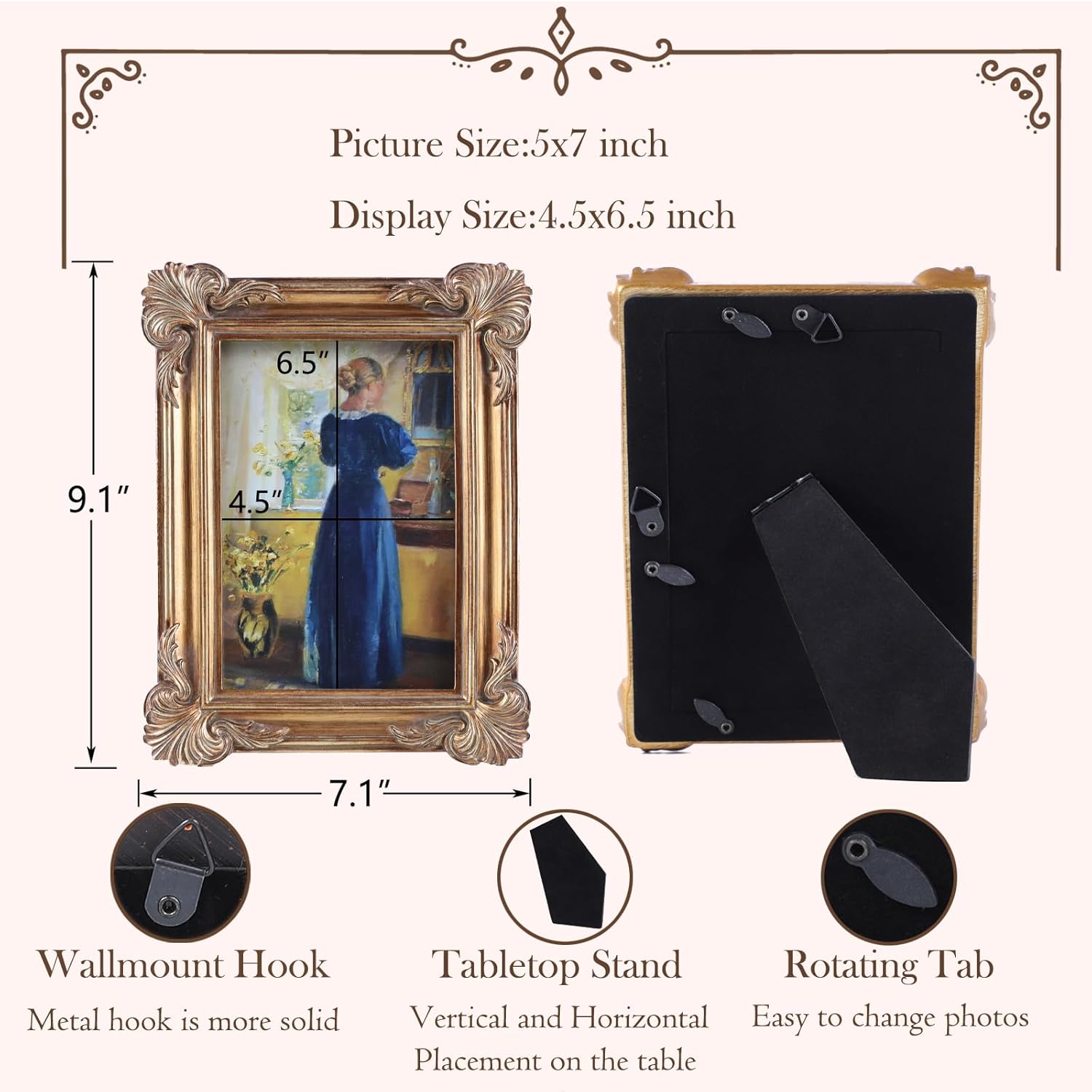 SIKOO 5x7 Vintage Picture Frames 5x7 Antique Ornate Picture Frame with Glass Front for Tabletop and Wall Hanging Vintage Wall Decor Gallery Wall Bronze Gold