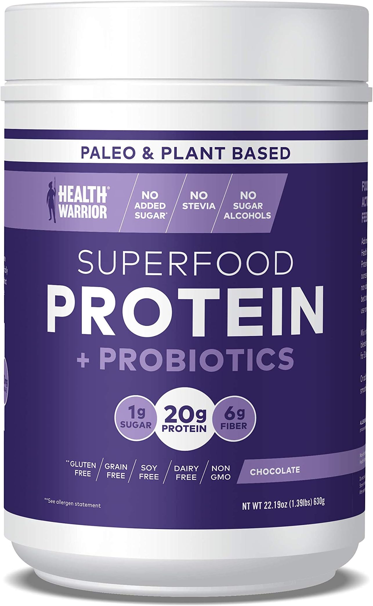 HEALTH WARRIOR Superfood Protein Powder, Chocolate, 18 Servings, 20g Plant-Based Protein, Vegan, Non-GMO, Gluten Free, Paleo, Stevia Free, Low Sugar, Probiotics and Prebiotics.