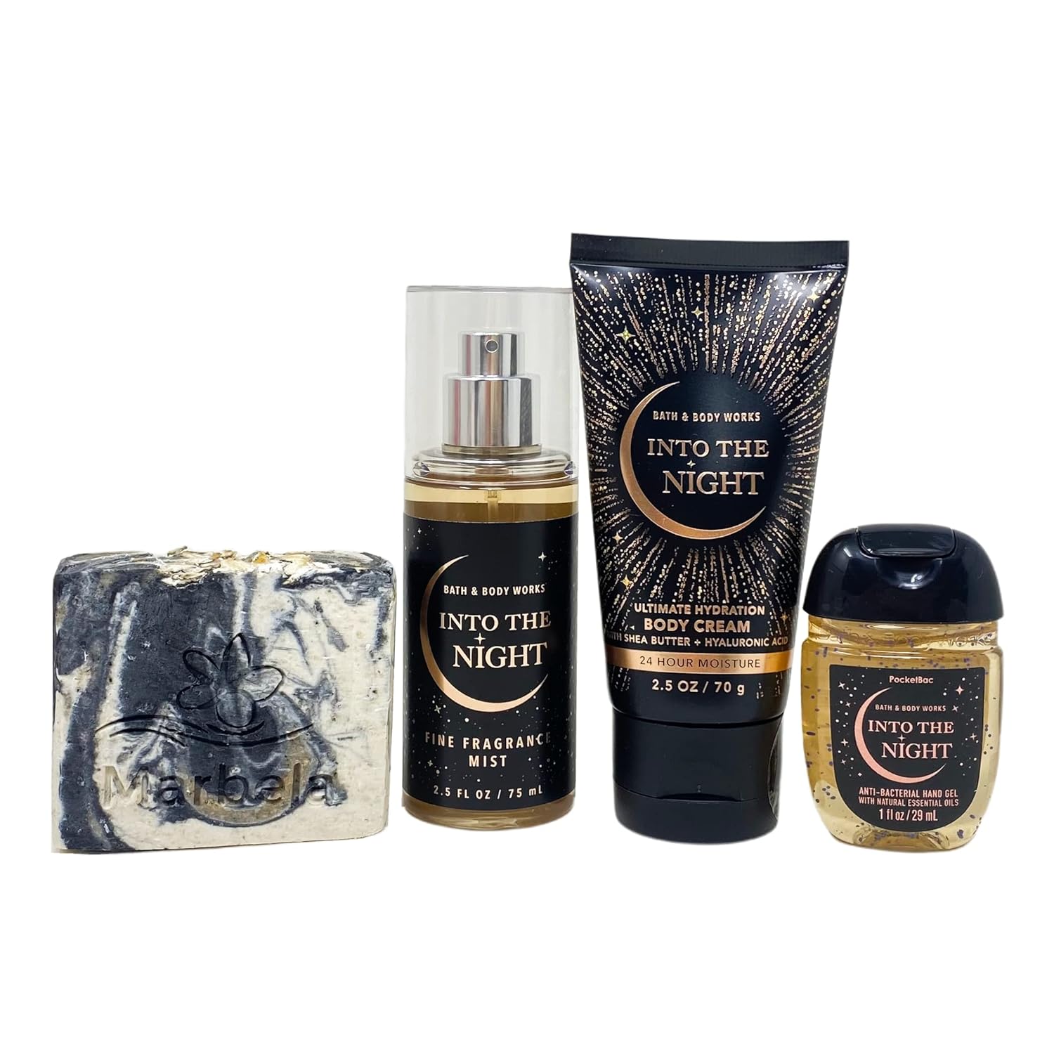 Bath & Body Works Into The Night Shine Bright - Mini Gift Bag Set Travel Size - Fragrance Mist - Body Cream - Hand Gel and a Charcoal Scrub Bar Soap.
