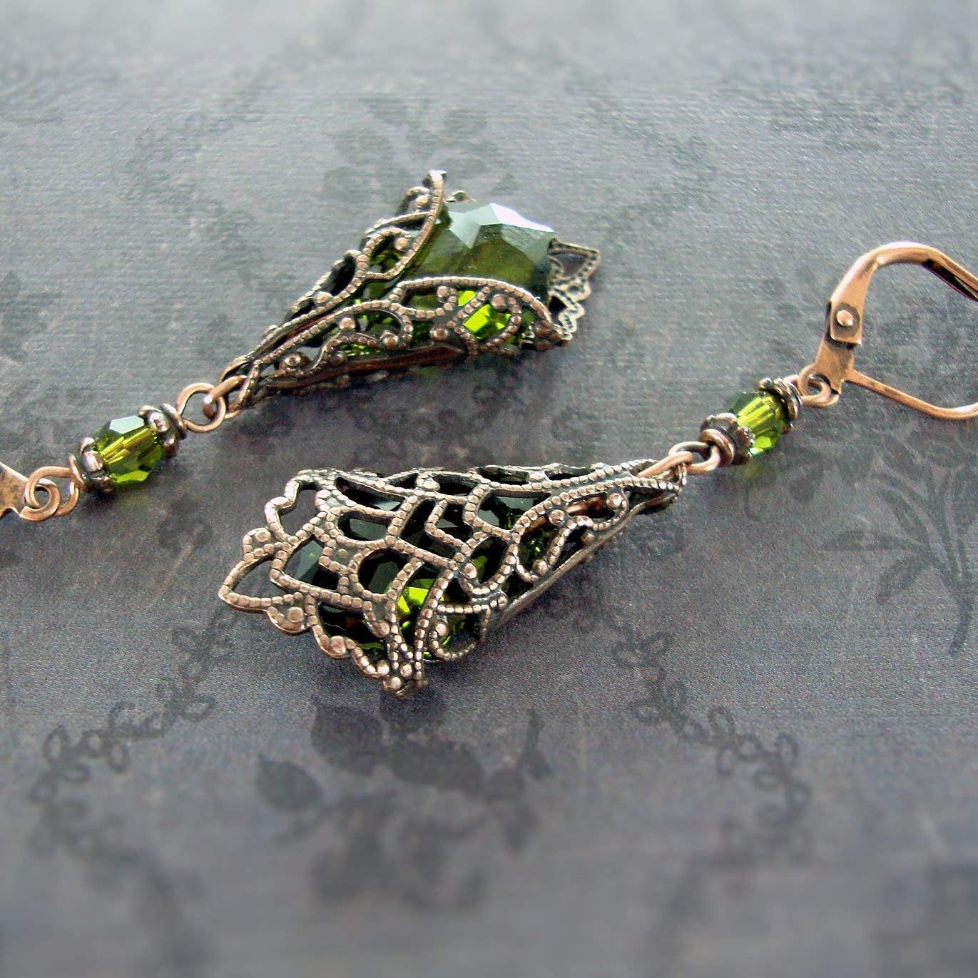 Lever Back Earrings with Olive Green Crystals and Antiqued Copper-Plated Brass Filigree