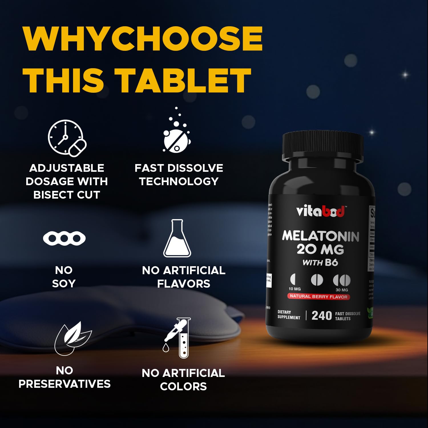 Vitabod Melatonin 20 mg Fast Dissolve Tablets with Vitamin B6, 240 Ct — Amazon image 7