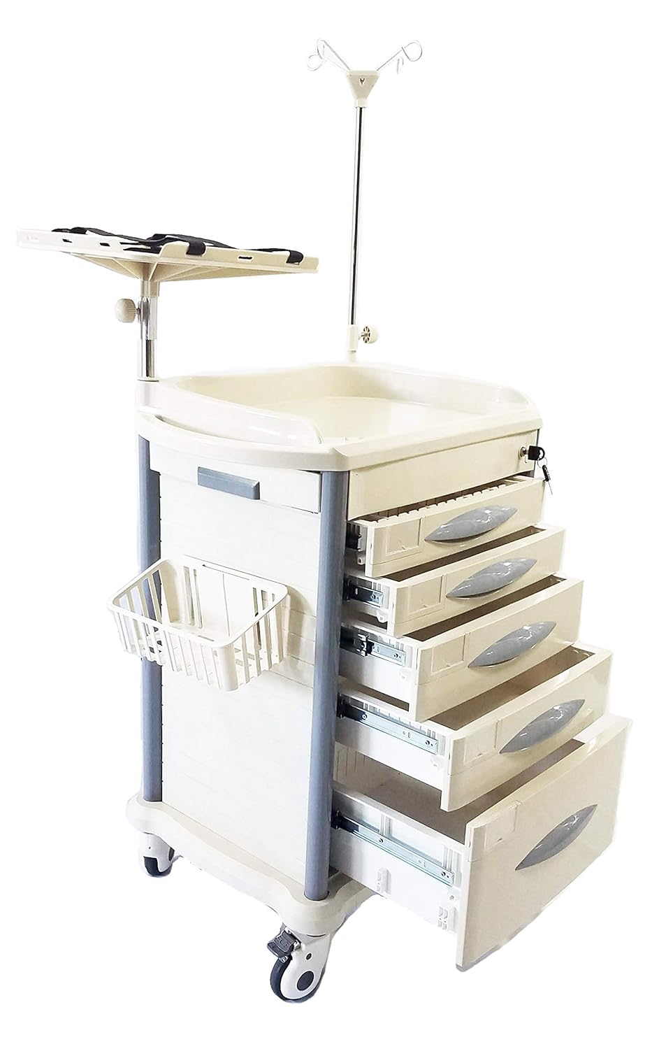 Lite Mobile Emergency Crash Cart with Accessories, IV Pole, O2 Holder, Extended Writing Shelf, Power Cord and Trash Bin