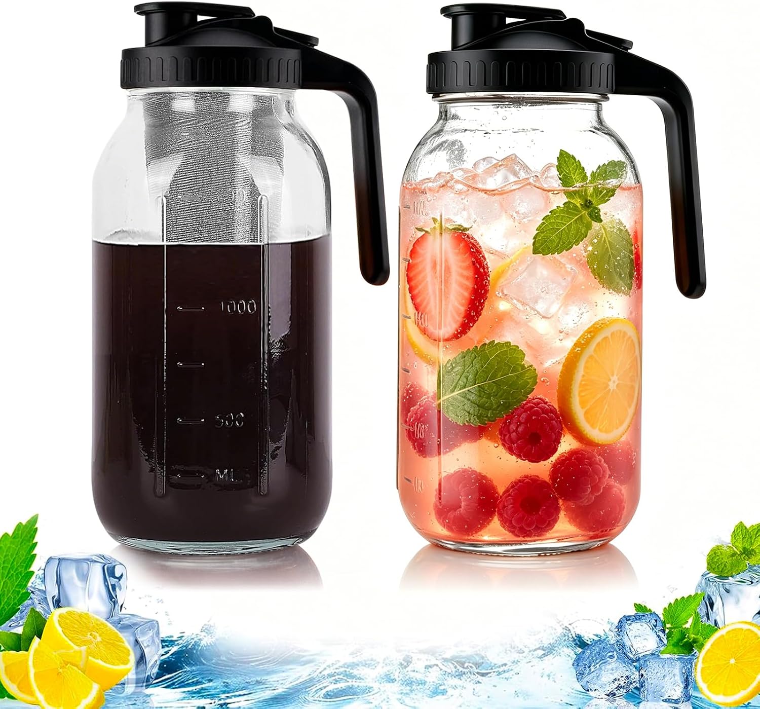 64oz Glass Mason Jar Pitcher with Lid, 2 Quart Airtight Leakproof Cold Brew Sun Tea Iced Coffee Maker