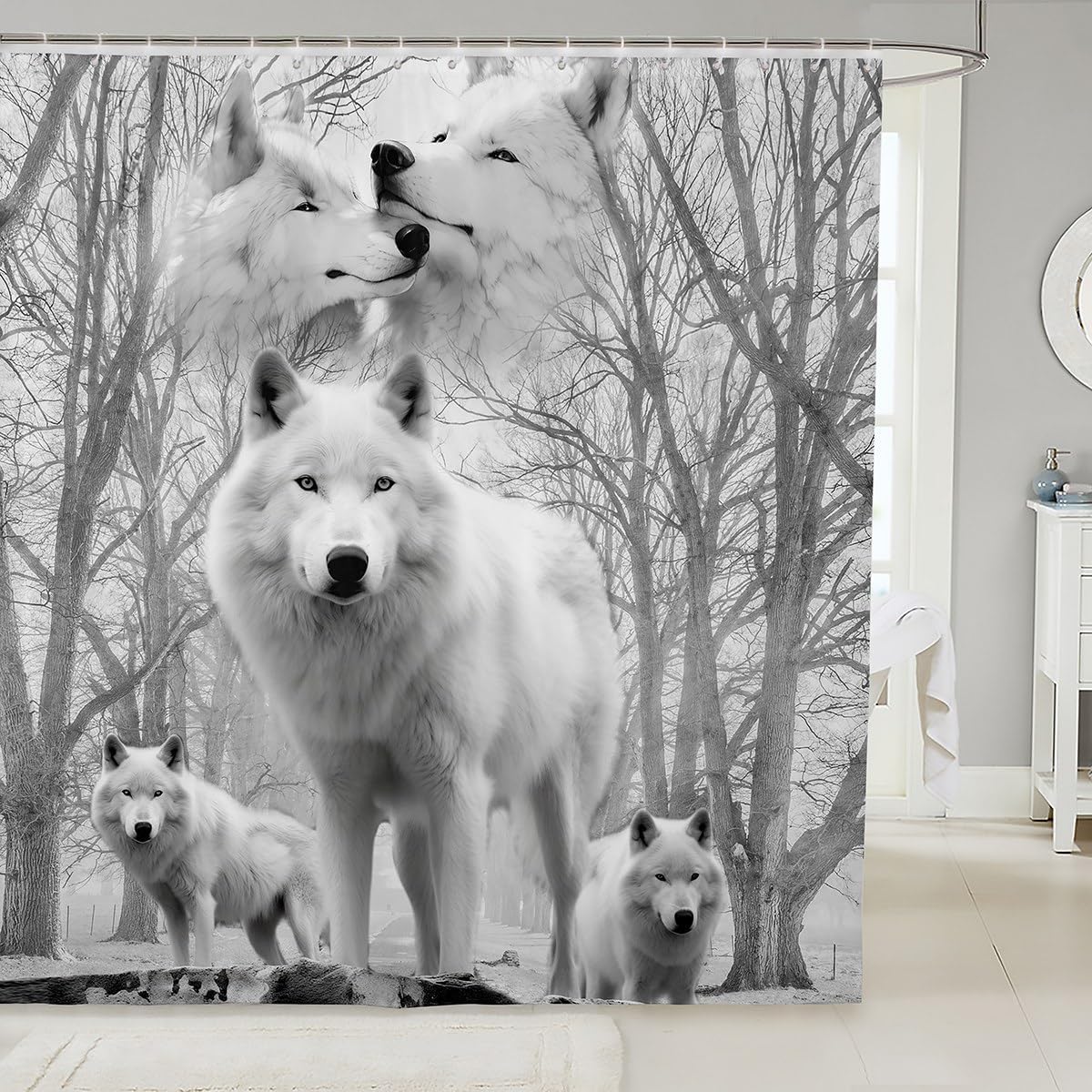 White Wolf Shower Curtain Wolves Couple Bath Curtain Safari Animals Bathroom Sets for Stalls Bathtubs Wolf Family Exotic Wildlife Woods Nature Fabric Curtains Sets Waterproof 72W x 78L Home Decor