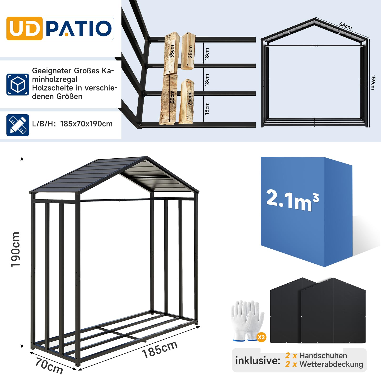 UDPATIO Metall Kaminholzregal Anthrazit 185 x 70 x 190 cm / 2,1m³ mit Metall Dach – Wetterfest, mit UV-Beständiger Plane, Stapelhilfe Kaminholzlage Holzlager für Garten Terrasse
