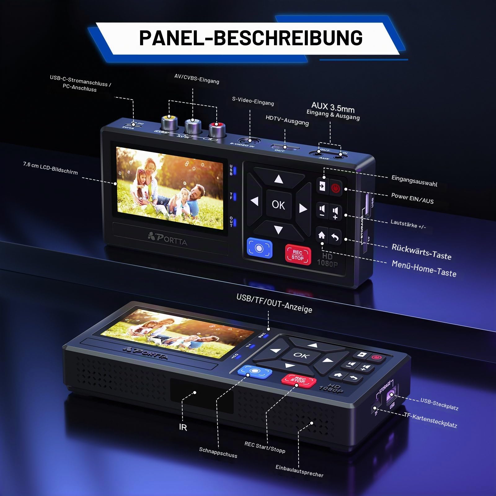 Portta VHS to Digital Converter, Video VHS Digitalisieren Recorder mit Remote, Videokassetten Digitalisieren Compatible with VHS, VCR, DVR, DVD, Hi8, Mini DV, Camcorder, Cassette Tape, Gaming Consoles