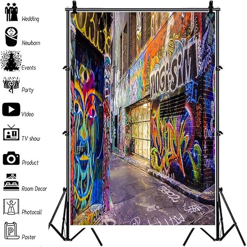 Miniatura 2 de AOFOTO Fondo de fotografía de pared con graffiti callejero de 8 x 10 pies, colorido grunge, callejón de la ciudad, decoración de fiesta, música