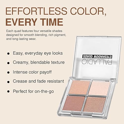 Miniatura 5 de Palladio Quads de sombras de ojos, mate mezclable pigmentado aterciopelado, acabados metálicos y brillantes, fórmula cremosa, paleta de sombras de