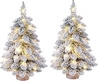 2Pcs Prelit Tabletop Christmas Tree Snow Flocked Christmas Tree with Led Lights Wood Base Mini Xmas Pine Tree for Table Desk Home Christmas Decor