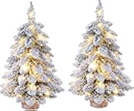 PRTECY 2 Pcs Prelit Tabletop Christmas Tree Snow Flocked Christmas Tree with Led Lights Wood Base Mini Xmas Pine Tree for Table Desk Home Christmas Decor