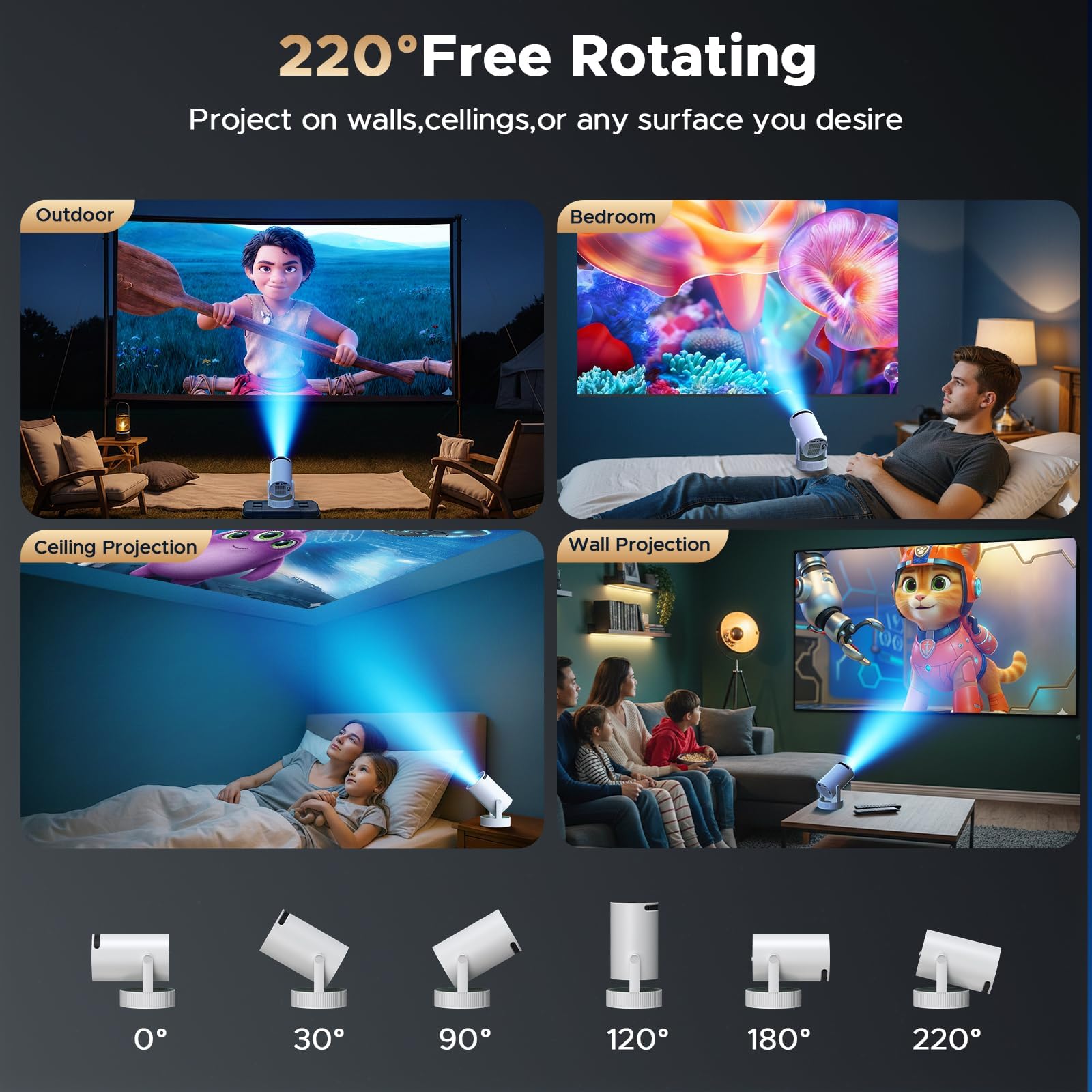 4K Mini Beamer mit Akku, Android 11.0, WiFi 6 Bluetooth 5.2, 220° Rotation, Auto Keystone – Tragbarer Projektor für Heimkino & Outdoor