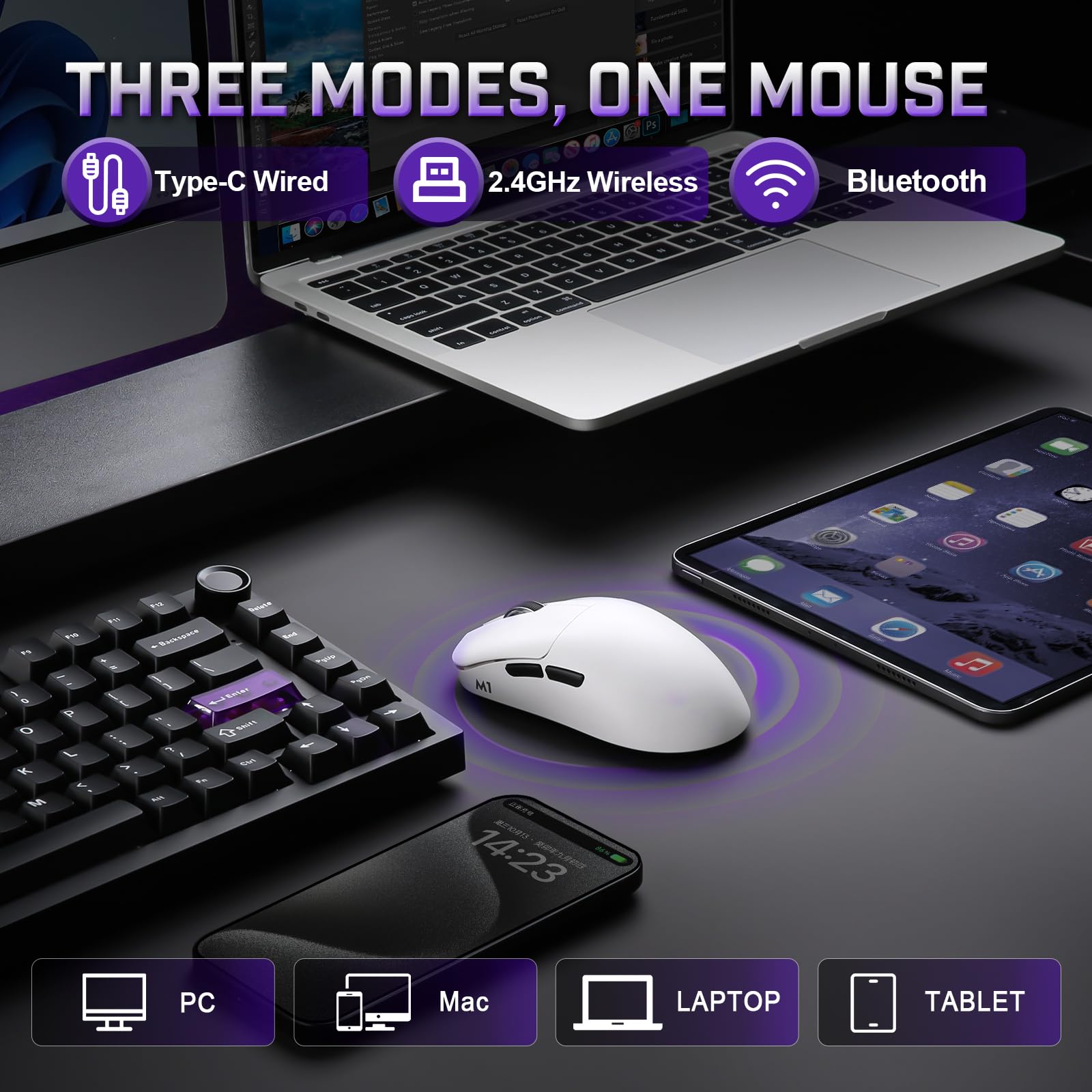 YUNZII M1 Kabellose Gaming-Maus, BT/2.4G Wireless/Wired Ultralight Mouse, PAW3311-Sensor 10000 DPI, Wiederaufladbare Kabellose Maus mit 5 Programmierbaren Tasten, über Software für Windows (Weiß) - 4