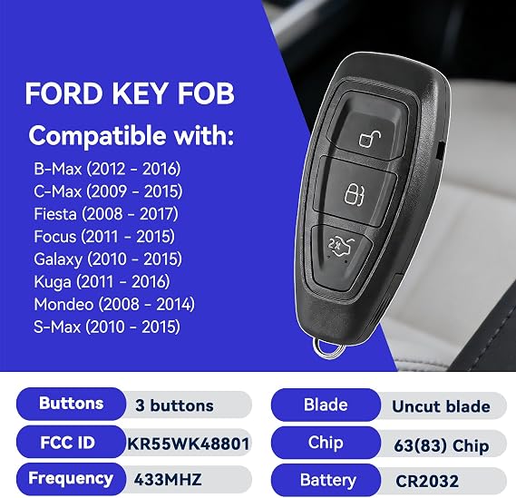 3 Button 63/83chip Smart Remote Key Fob compatible with Ford Focus Fiesta Galaxy Kuga Mondeo C-Max B-Max S-Max 433mhz Remote Control Key Replace or Add Spare Key For Car Owner