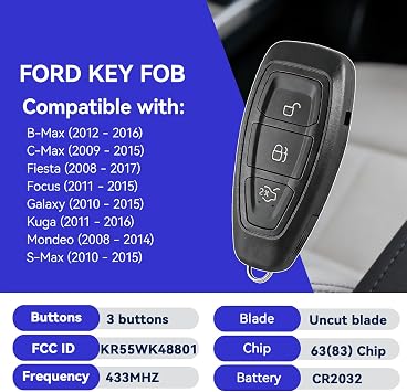 3 Button 63/83chip Smart Remote Key Fob compatible with Ford Focus Fiesta Galaxy Kuga Mondeo C-Max B-Max S-Max 433mhz Remote Control Key Replace or Add Spare Key For Car Owner