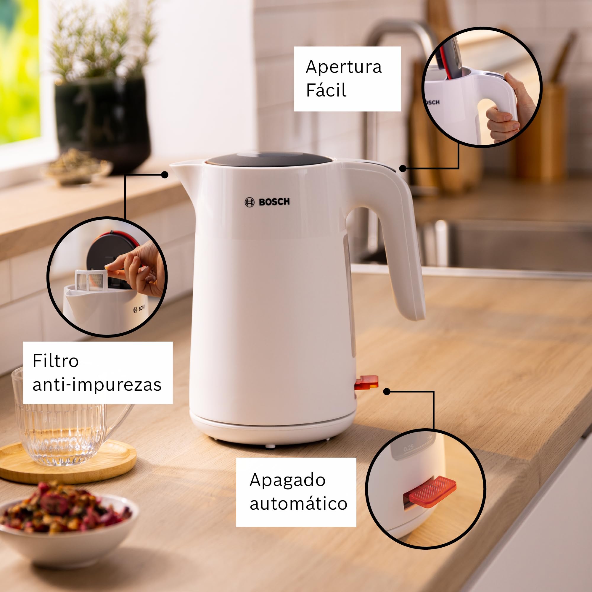 Bosch - Hervidor de Agua, MyMoment, Triple Seguridad, Filtro Anti-Impurezas, 1,7 litros, Blanco, TWK2M161