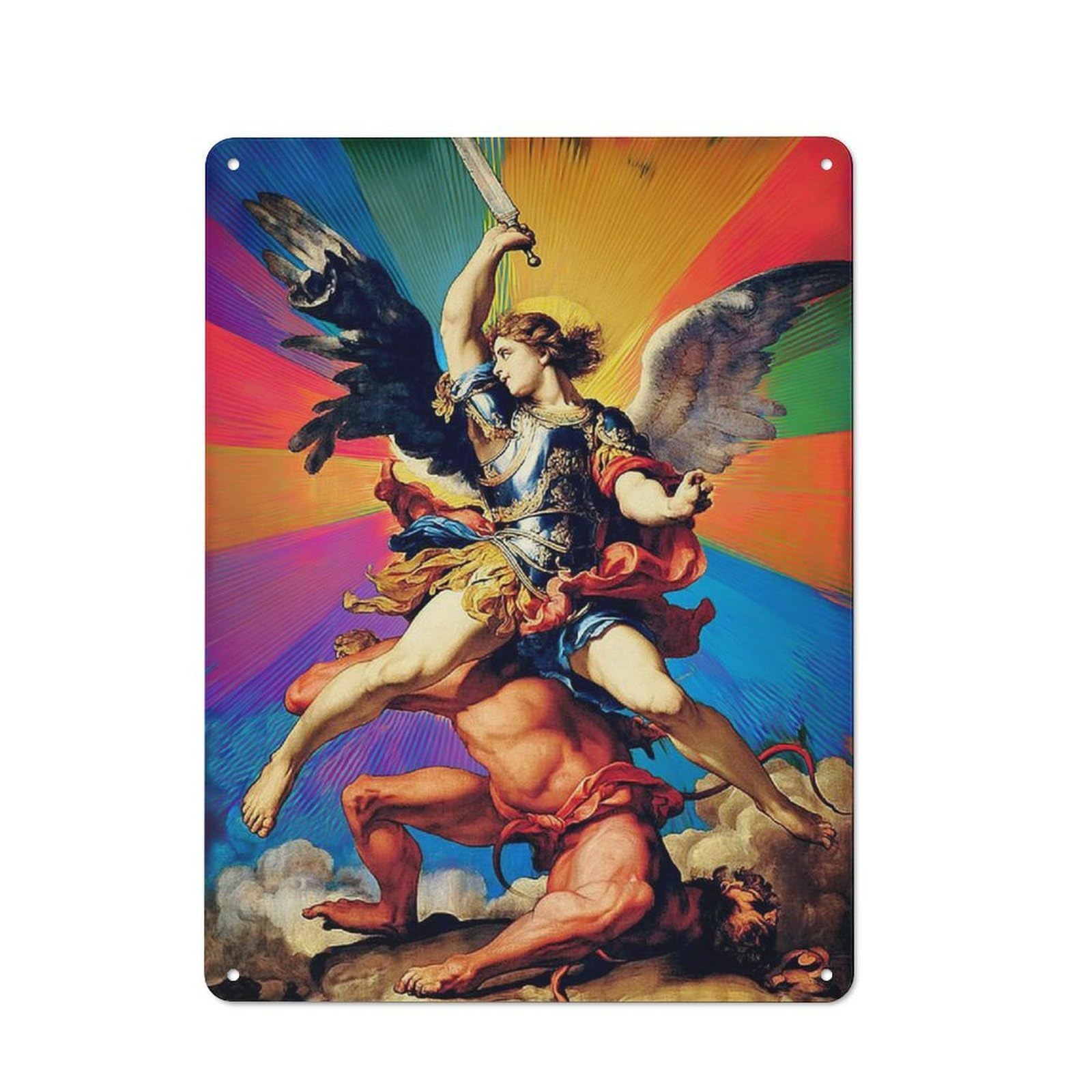 Junmoney Archangel Michael Defeating Satan Country Metal Sign With Design 40X30cm, Farmhouse Farmhouse Wall Decor For Kitchen, Cottage, Porch Or Garden Room