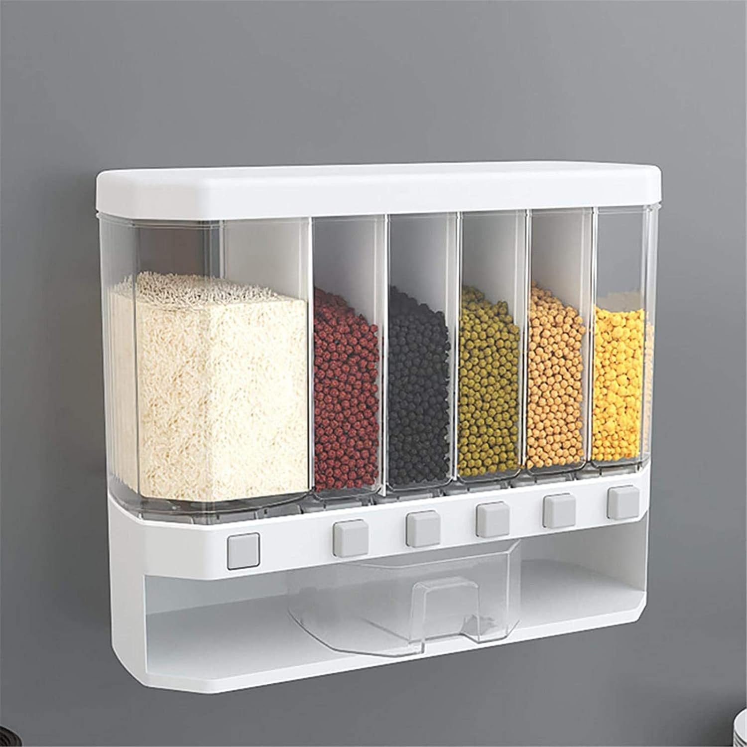 DBXOKKFCC Wall-Mounted Cereal and Food Dispenser for Oatmeal Cereal Sweets and Beans with 6 Compartments 10 L