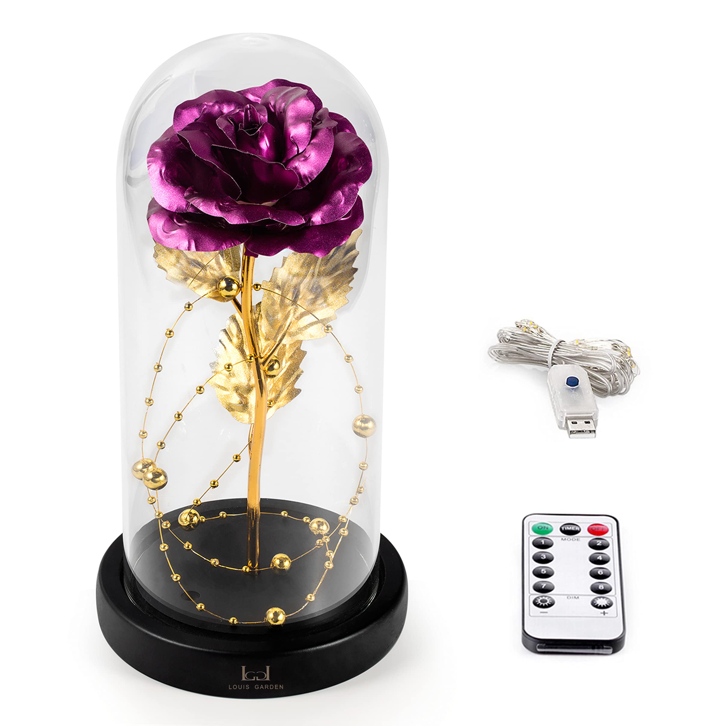 LG LOUIS GARDENBeauty and The Beast Rose, Enchanted Galaxy Rose in Glass Dome, Thanksgiving Day Graduation Birthday Gifts, Lights and Rose Flowers for Her, 8.66"*4.33"