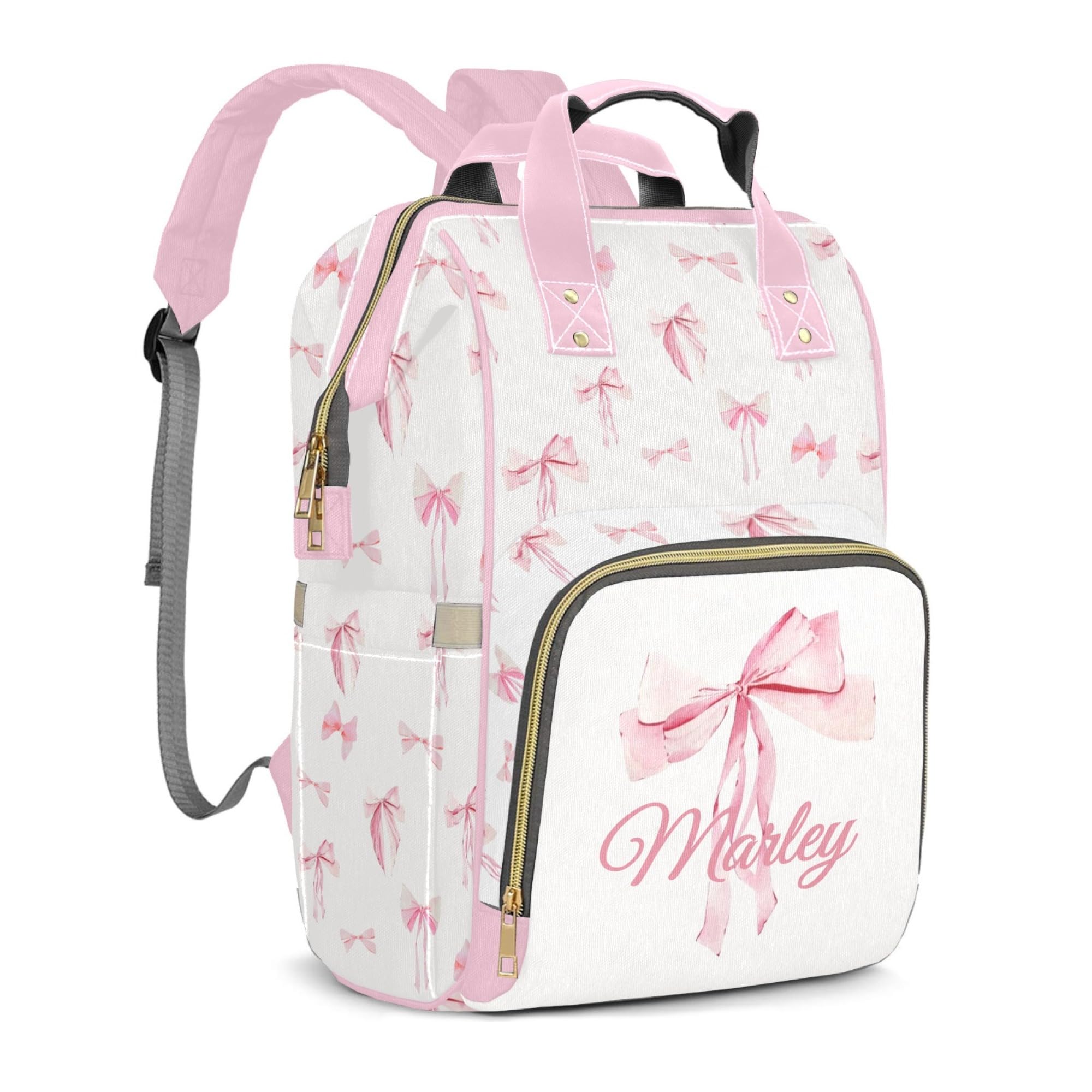 Perarts Bow Large Capacity Custom Diaper Bag for Baby Girls with Name, Pink Bowknot Multifunctional Mom Personalized Diaper Bag Backpack Waterproof