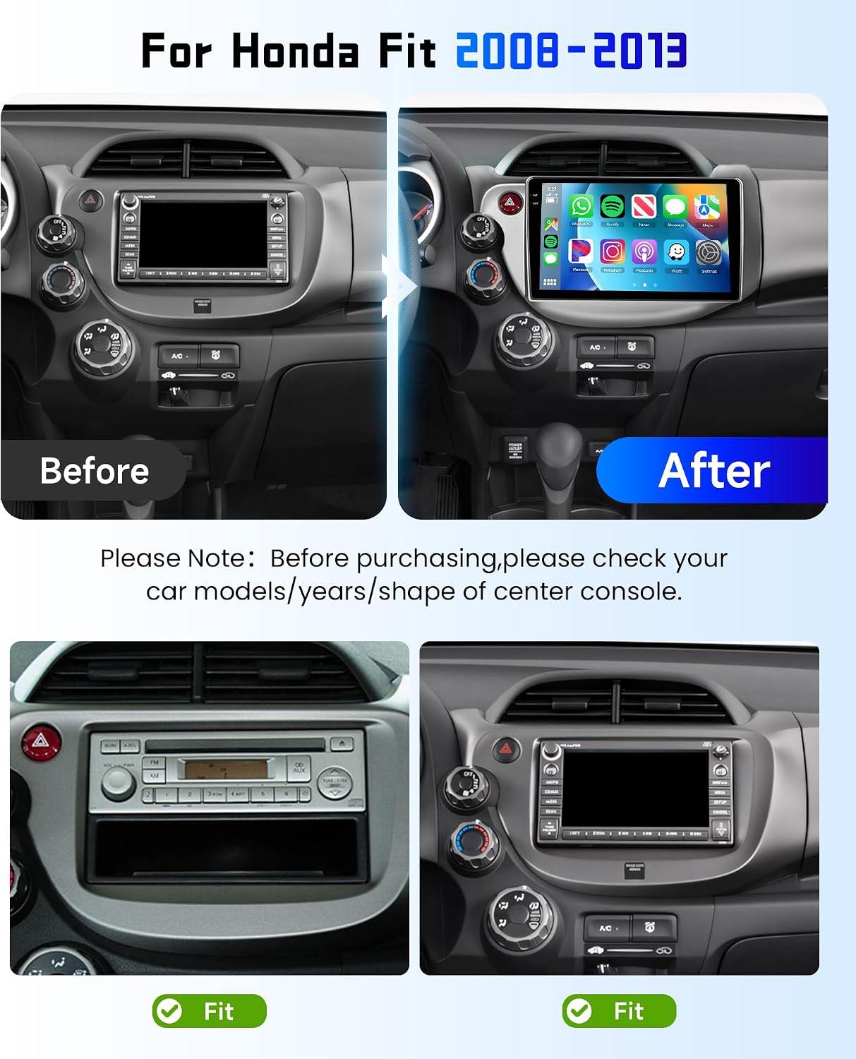 4G+64G Car Radio Stereo for Honda Fit 2008-2013,10.1 Inch HD in-Cell Touch Screen/Android 15/Wireless CarPlay/Android Auto/GPS/5Ghz WiFi/5.0Bluetooth/FM/RDS/SWC/AHD Backup Camera
