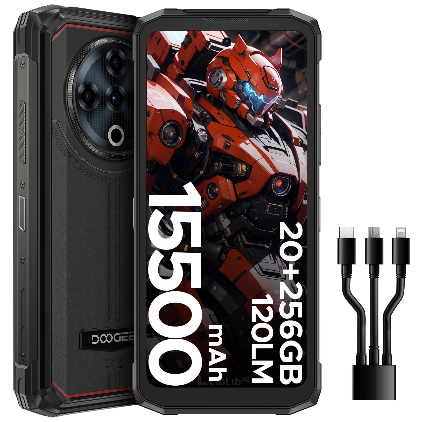DOOGEE Fire6 Power 15500mAh Rugged Smartphone, 120LM Dual Light Flashlight, 20GB+256GB/2TB, 33W Charge, 6.56" Android OS Rugged Phone, 50MP, 4G Dual SIM Android Phone, 3 Card Slots, 18W OTG/NFC/GPS