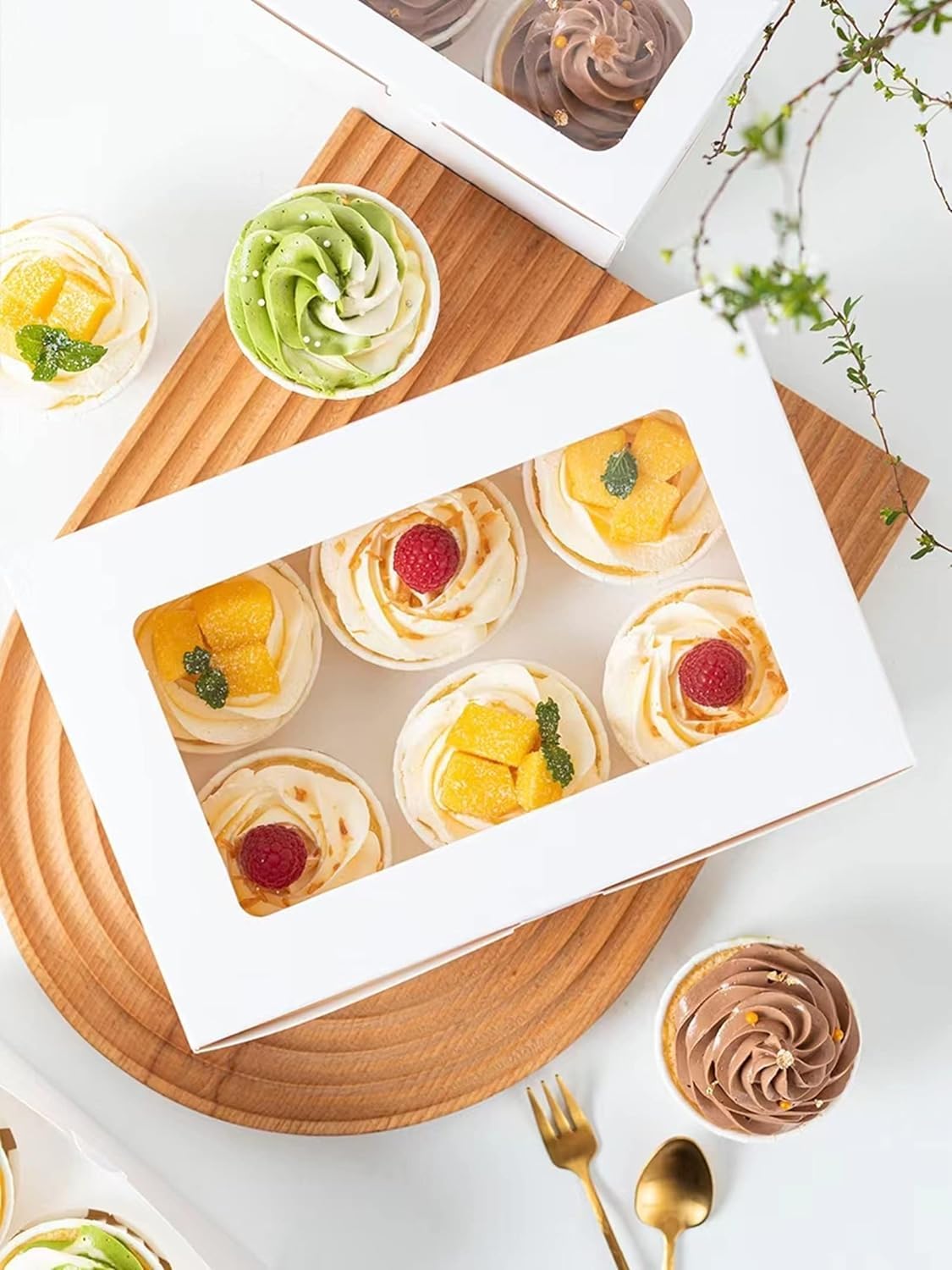 50 Pack Cupcake Boxes Bulk with Clear Display Window Hold 6 Standard Cupcakes, Disposable Food Grade White Cupcake Carrier Cupcake Container, Perfect for Cupcakes Muffins Cookies Pastries