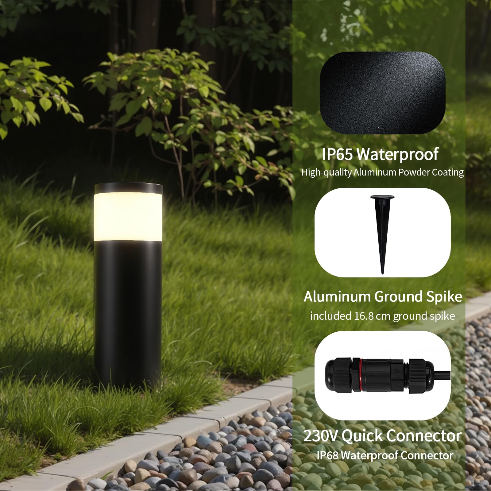 JNR 4 Pack Edelstahl Wegeleuchten Außen mit Erdspieß 230V, Schwarz 4 Pack | IP65 Wasserdicht, Höhe 290 mm 5w 3000k warmweiß COB LED, Wegleuchte, Gartenbeleuchtung, Gartenlampen, Gartenleuchten
