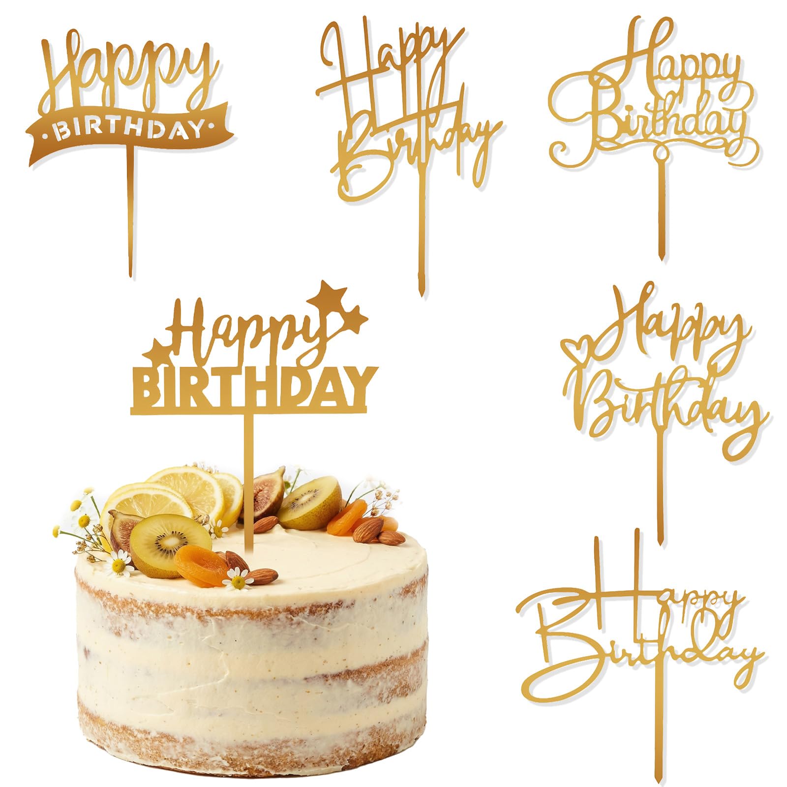 6 Pcs Acrylic Gold Happy Birthday Cake Toppers, Mirror Finish Gold Acrylic Cake Topper with 6 Unique Font Designs Birthday Cake Decorations for Men Women,Party Anniversary Dessert, Party Photo Props