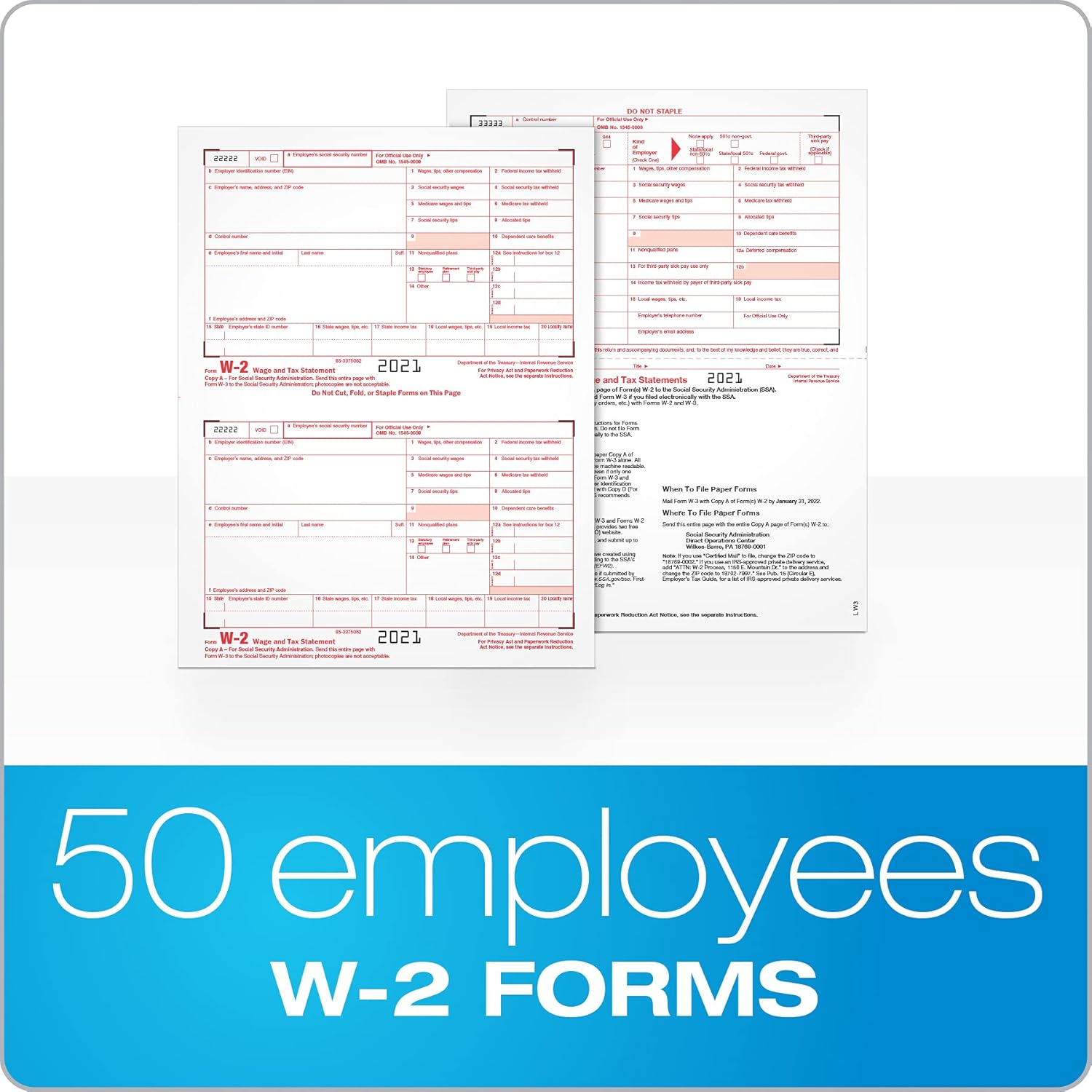 TOPS W2 Forms 2021, 6 Part W2 Forms, Laser/Inkjet Tax Form Sets for 50 Employees, Includes 3 W3 Forms (TX22991-21) : Office Products